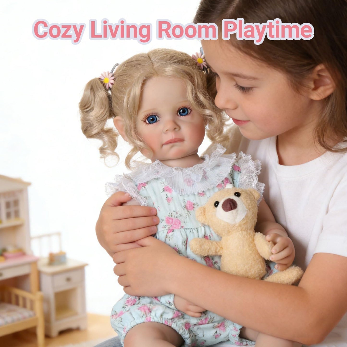 Tookyhill Lifelike Reborn Baby Doll - 22 Inch Realistic Blonde Toddler Doll with Curly Hair, Blue Eyes & Soft Plush Bear, BPA-Free Poseable Full Body Vinyl Real Life Doll for 3+ Kids Pretend Play