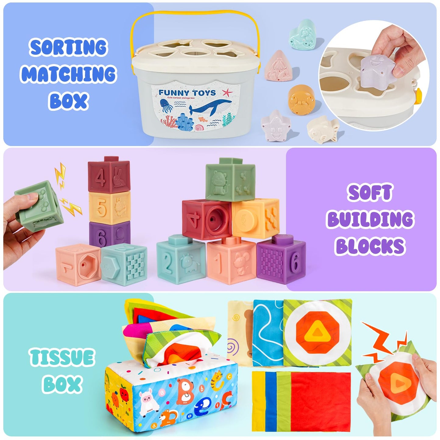 Wowlyntoy Montessori Toys for Babies 6-12-18 Months 6 in 1 Infant Toy Stacking Cups, Shape Sorter Box, Suction Spinner, Building Blocks Ring, Tissue Box, Learning Gift for Toddler 1 2 3 Year Old