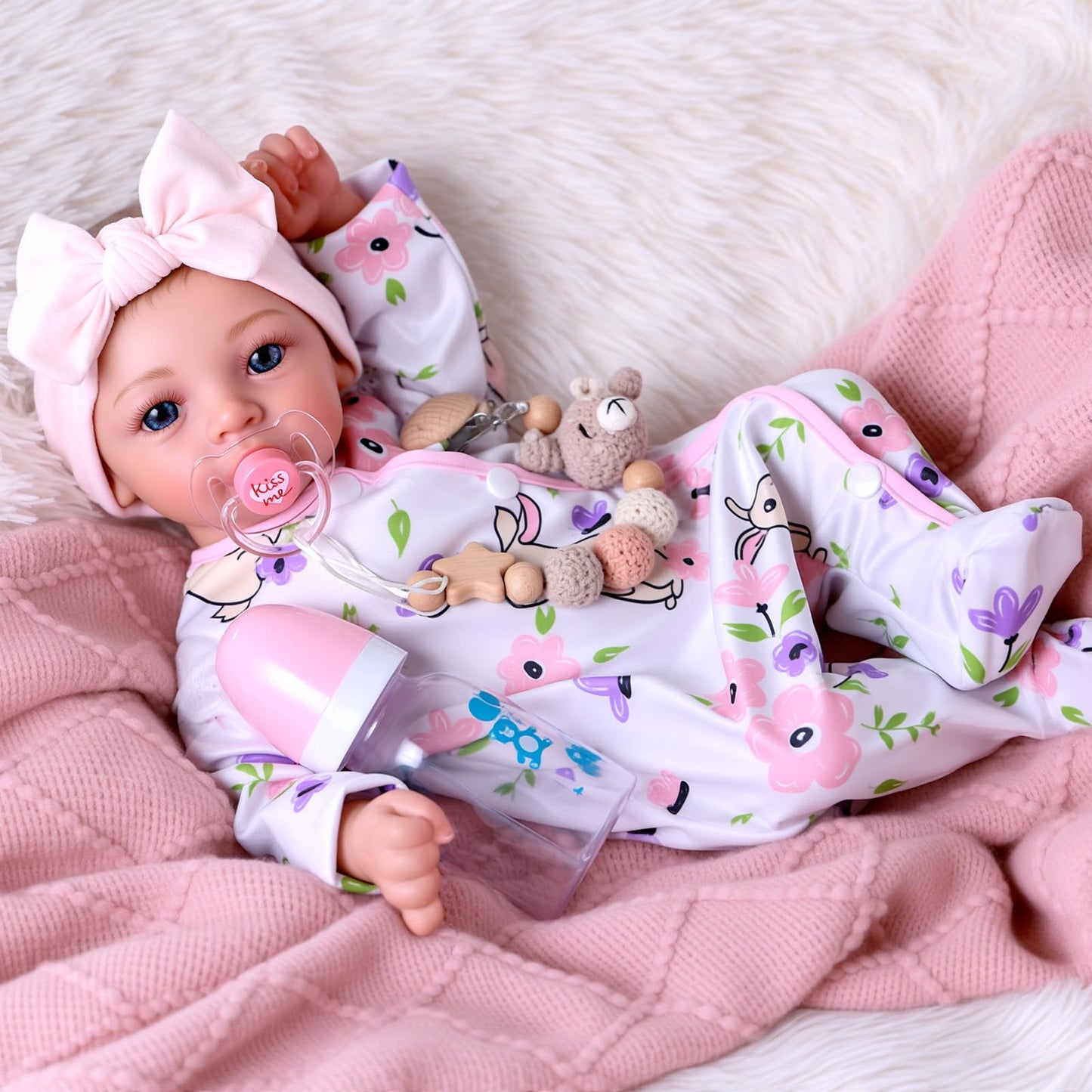 BABESIDE 18-Inch Reborn Baby Doll Girl – Realistic Lifelike Bebe Reborn de Silicona with Bunny Outfit, Magnetic Pacifier, Bottle, Diaper & Birth Certificate, Real Life Baby Dolls Gift for Kids Ages 3+