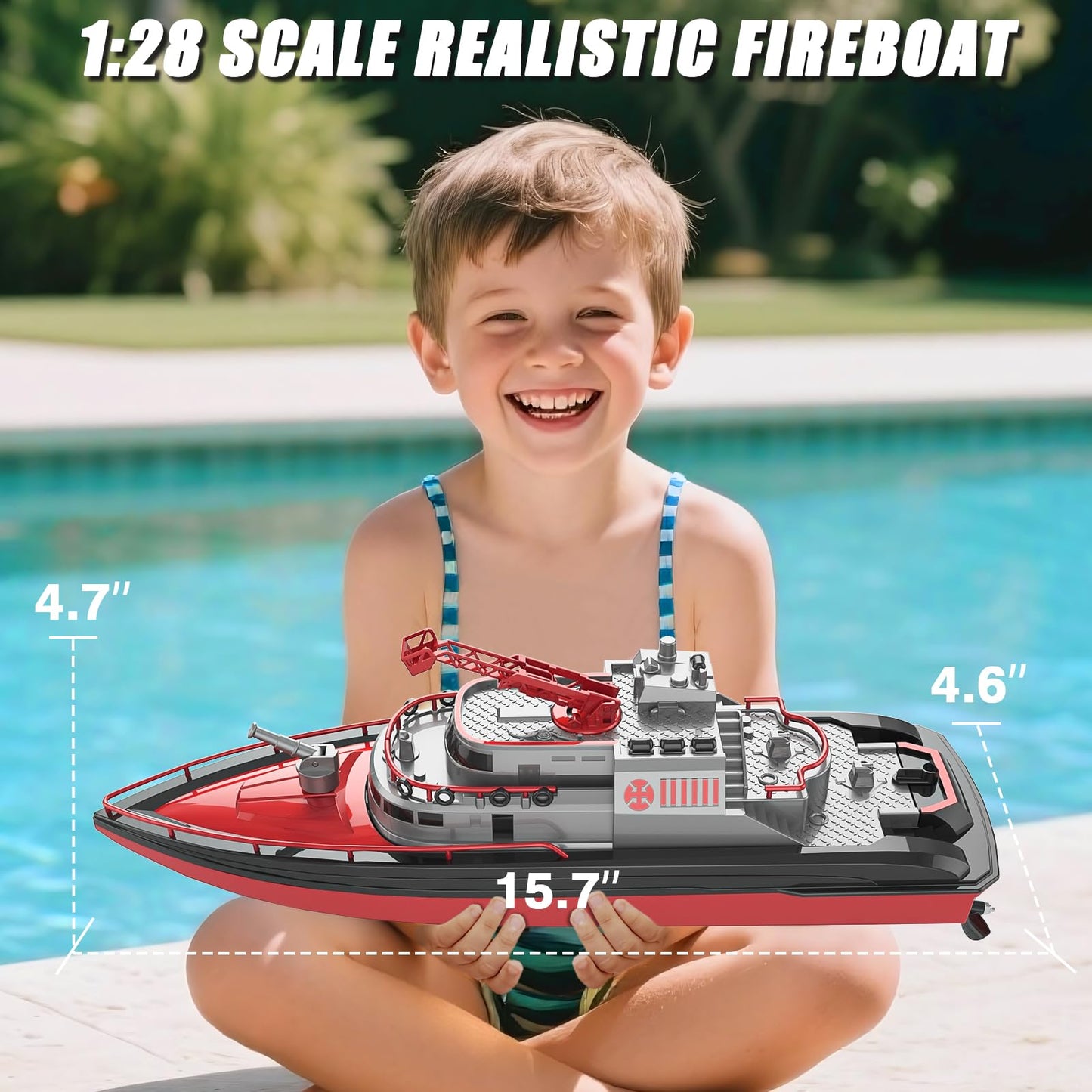 Cheerwing RC Boat, Remote Control Fireboat Firefighter for Kids, One-Key Water Spary, 2 Batteries for 40 Mins Run Time, 15KM/H High Speed Pool Toys for Boys Girls and Adult