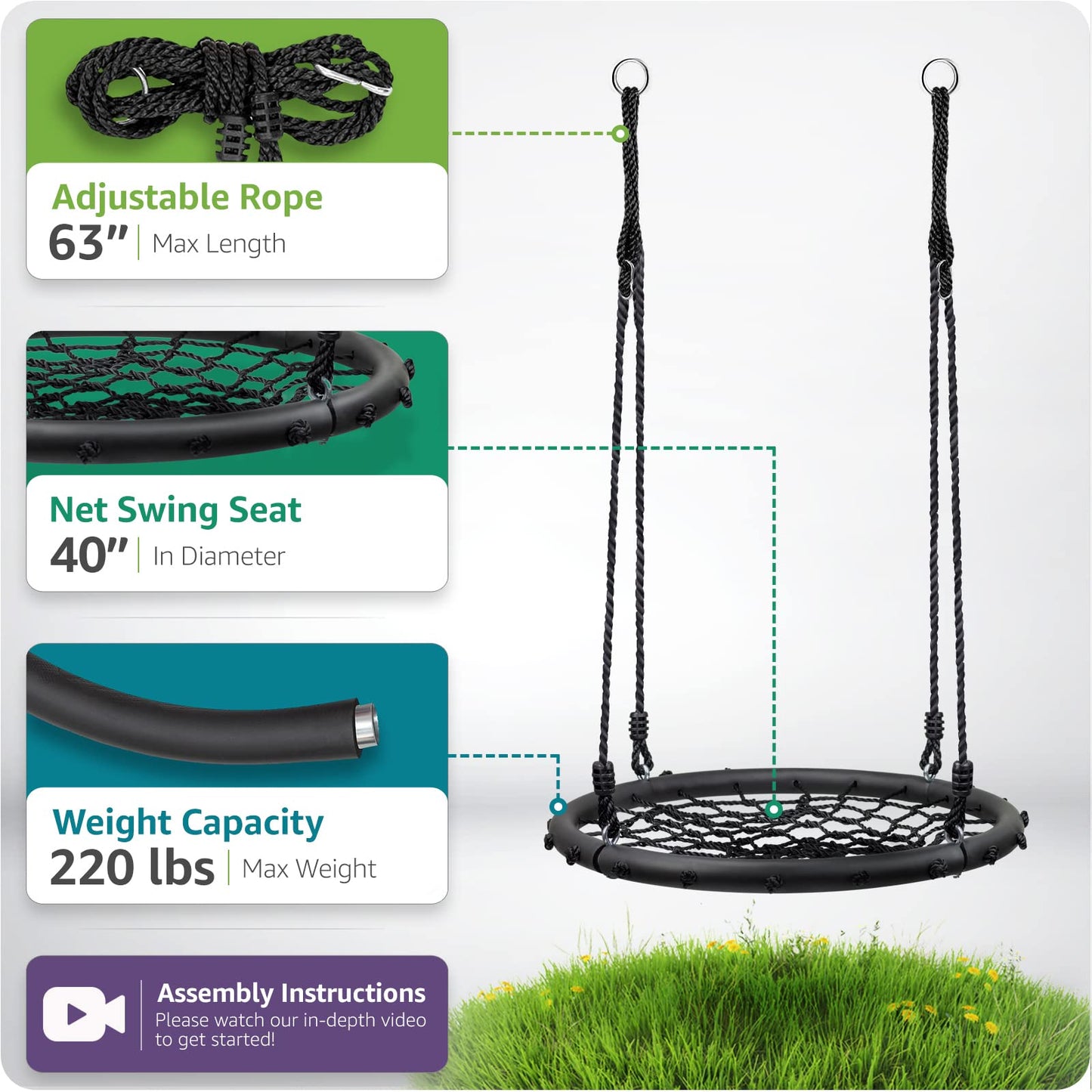 Sorbus Saucer Tree Swing- Kids Outdoor Disc Round Swing - 40" Heavy Duty 220lbs Seat- Easy Install Flying Saucer Web Circle - Perfect for Gift,Playground, Birthday, Xmas, IndoorOutdoor