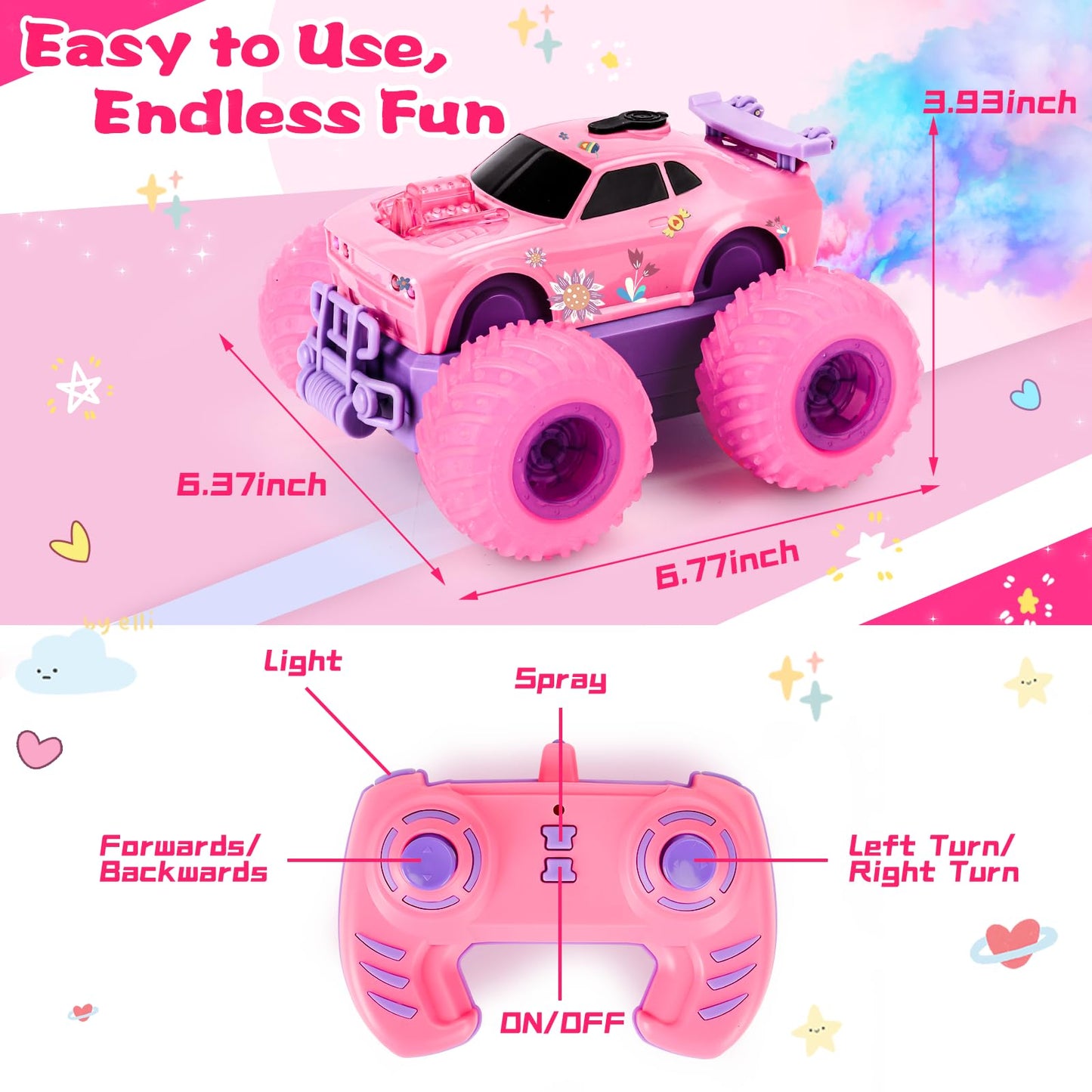 Drefirsa Princess Remote Control Car for Girl, Pink Monster Truck with DIY Sticker, Headlight, Colorful Wheel Light, Rotation, Spin and Spray, Toy Car for Girl 3 4 5 6 7 8 Year Old Birthday Gift