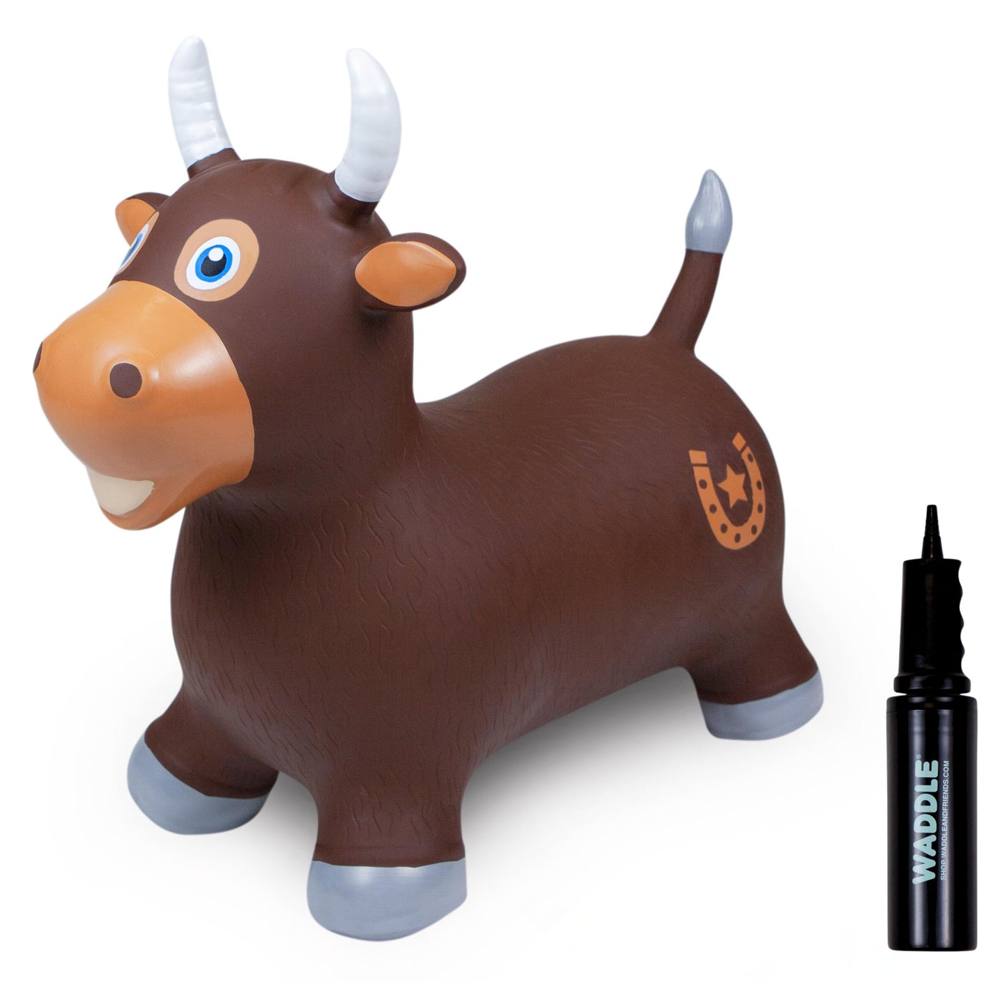 WADDLE Bouncy Hopper Inflatable Hopping Animal, Indoors and Outdoors Toy for Toddlers and Kids, Pump Included, Boys and Girls Ages 2 Years and Up (Brown Bull)
