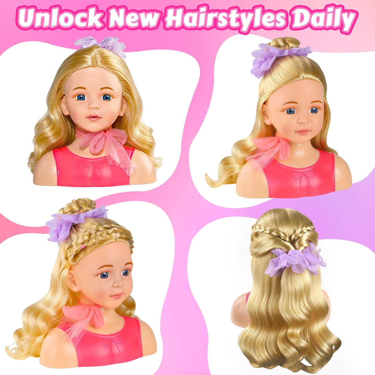 JovialStep Doll Head Hair Styling Kit for Girls Toys, Makeup Doll Head for Girl, Pretend Play Hair Salon Toy Birthday Gift for 3-8 Year Old Girls