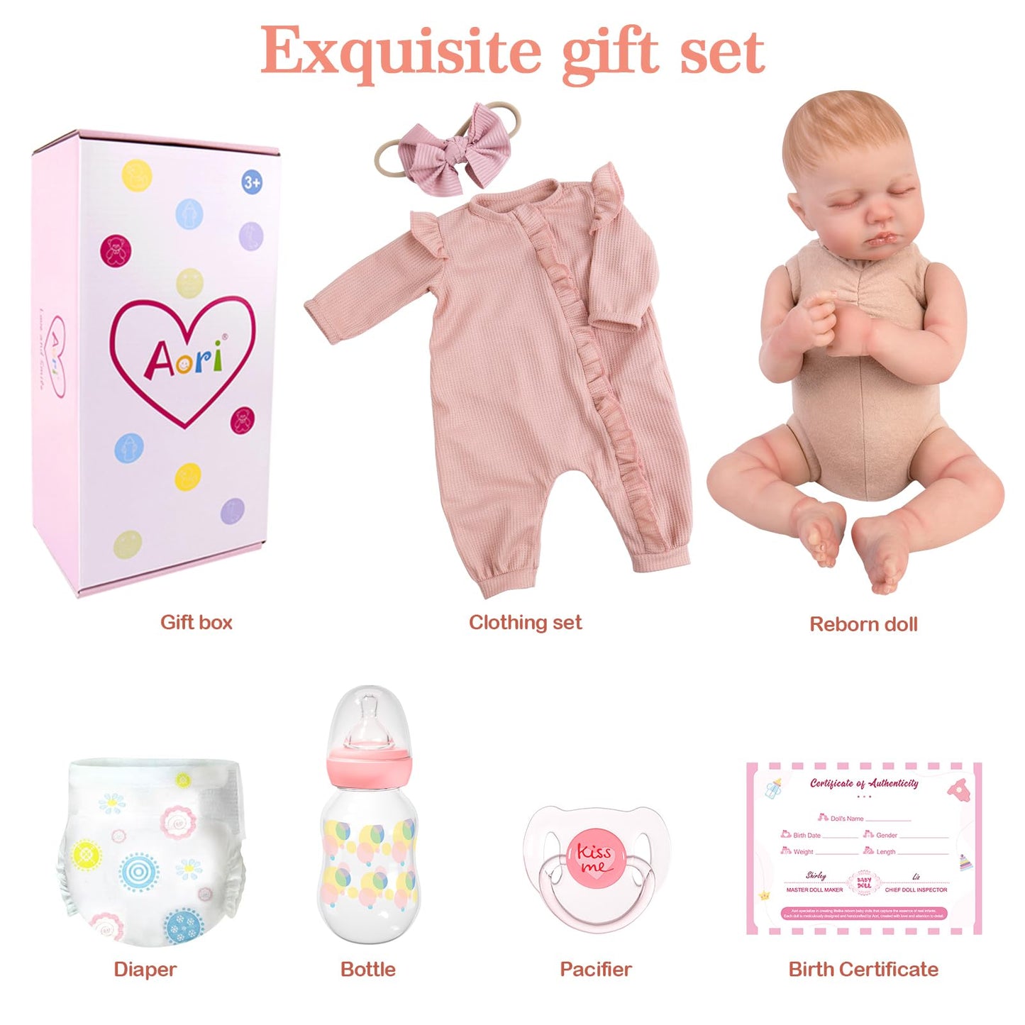 Aori Lifelike Reborn Baby Dolls - 20-Inch Realistic Newborn Real Life Baby Girl Doll with Poseable Limbs and Feeding Kit, Set for Kids 3+
