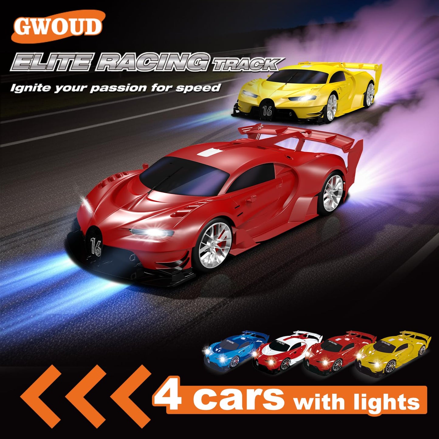 Slot Car Race Track Set with 4 Light-Up Cars, 2 Speed Adjustable Steering Wheel Controllers, 16.7ft Track with Overpass, Lap Counter, Dual Power Mode, Gift for Boys Girls Age 8+
