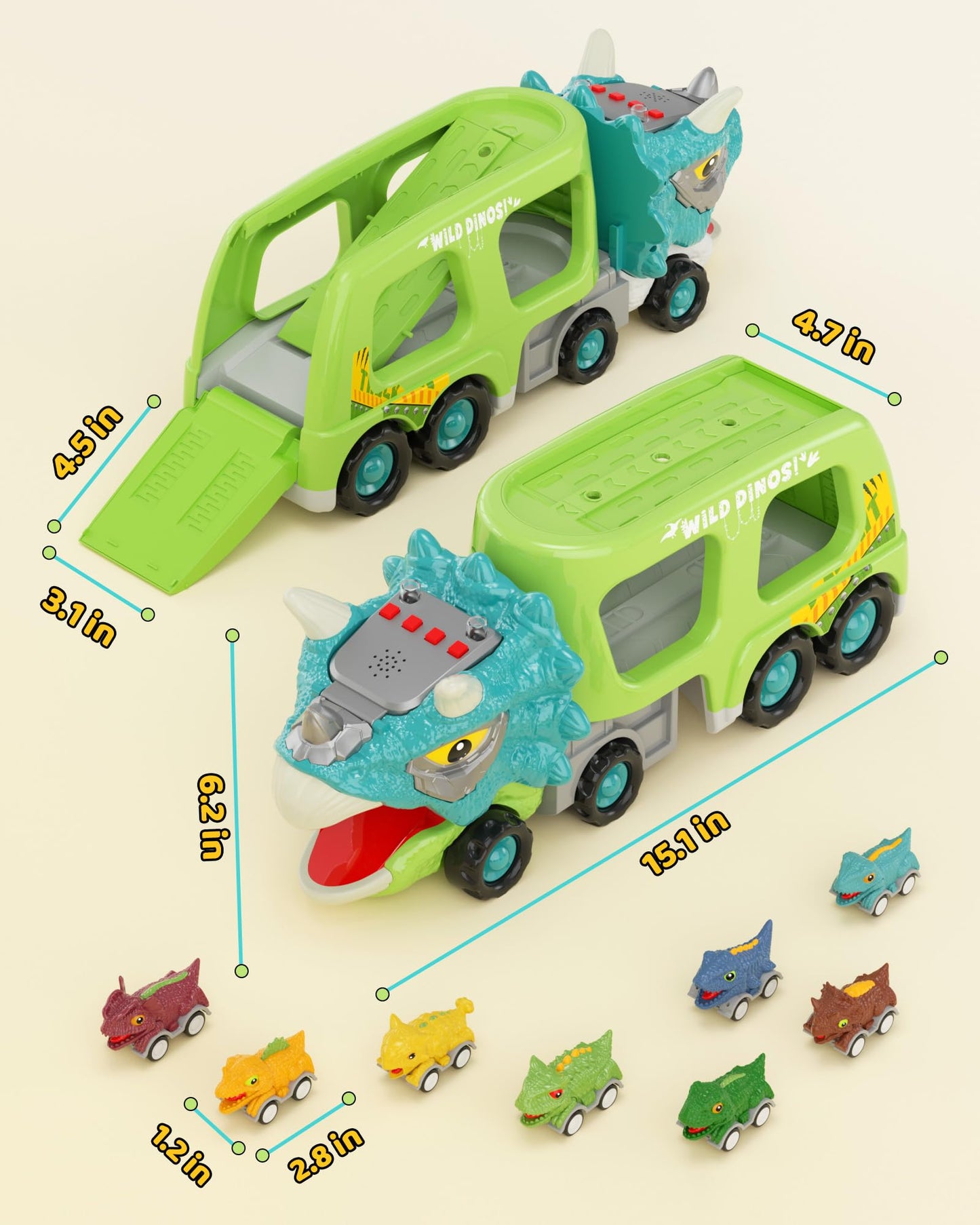 LADFAR Dinosaur Toys for Kids 3-5, Toddler Boy Toys, Dinosaur Carrier Truck with 8 Pull Back Cars, Transport Carrier Truck for Toddlers, Birthday Gifts with Music & Lights for 2 3 4 5+ Year Old Boys