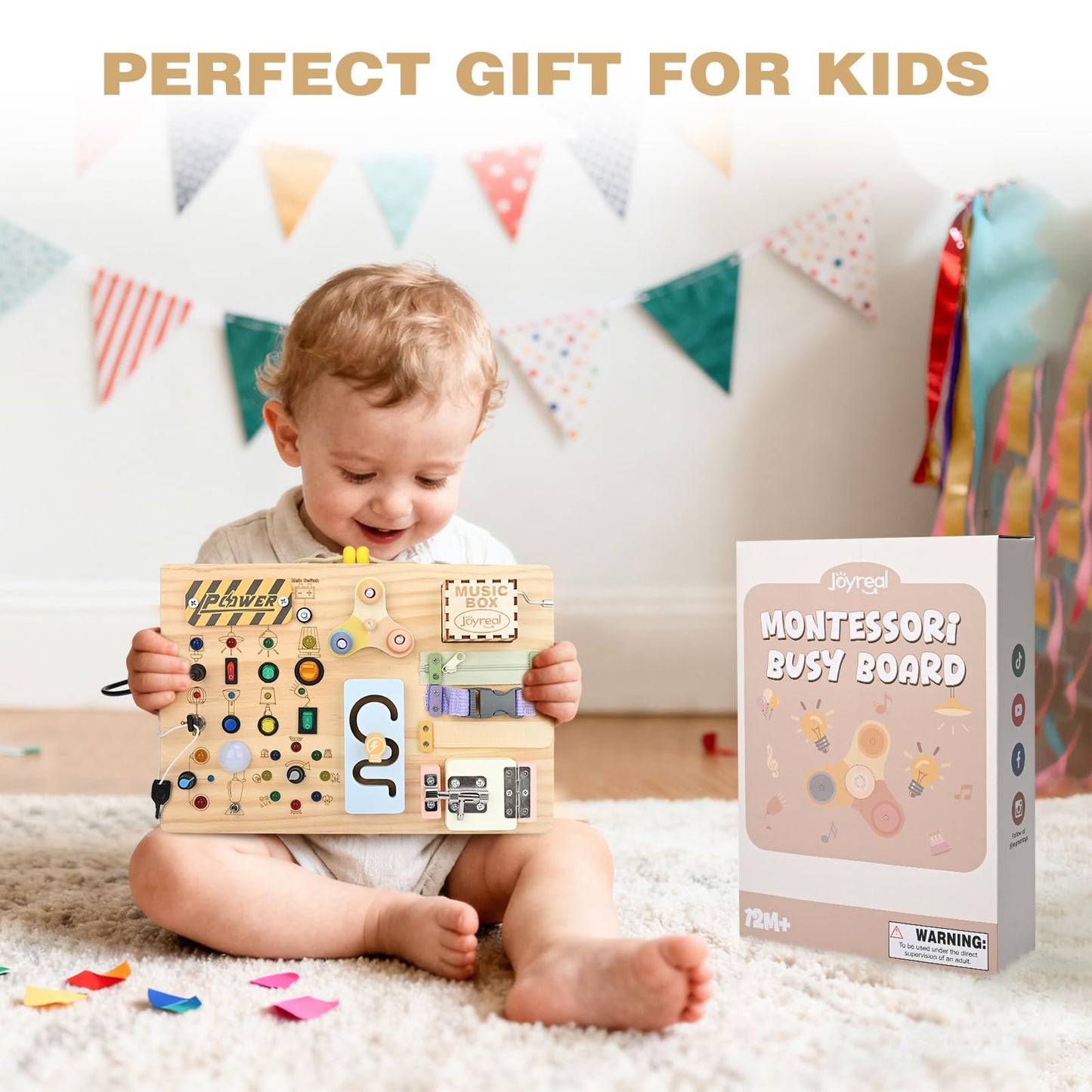 Joyreal Wooden Busy Board Montessori Toys for Toddlers, Sensory Activity Board with LED Lights, Music Box & Locks, Educational Learning Toy Gifts for Boys and Girls