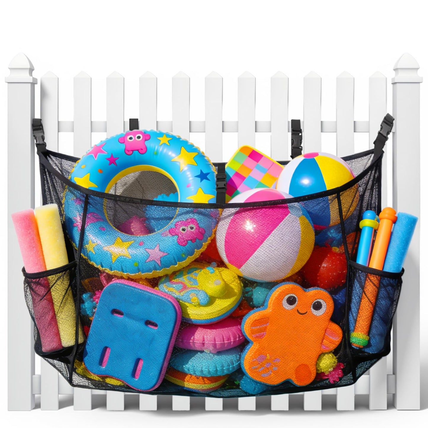 Nigelia Extra Large Hanging Pool Float Storage Net Bag, Elastic Mesh Pool Float Holder Storage Rack with 5 Buckle Webbing, Poolside Organizer for Floats, Balls, Water Inflatable Toys Rafts