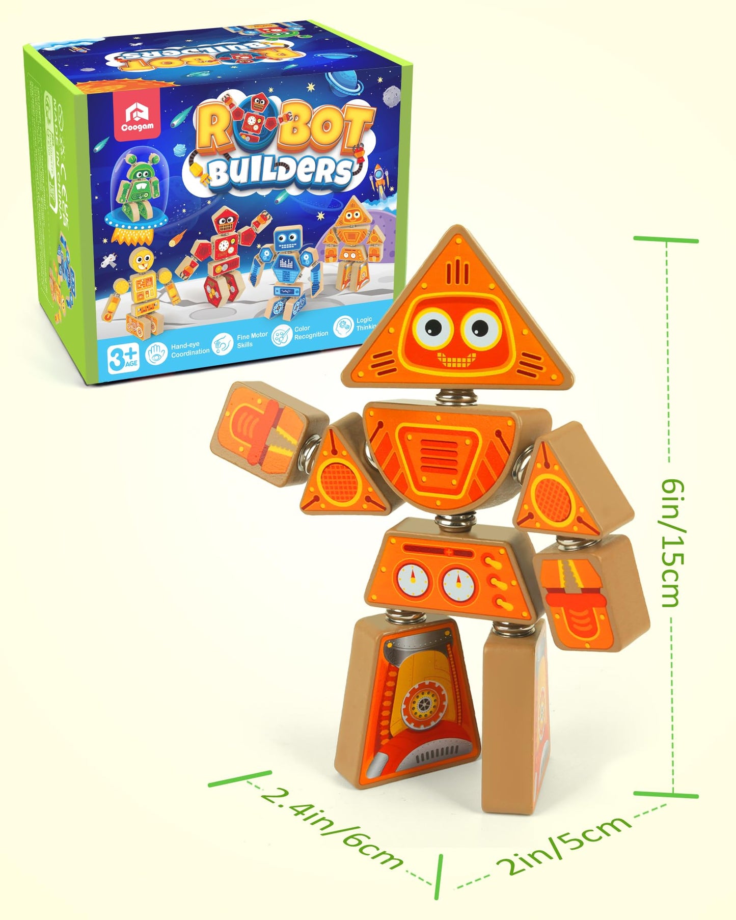 Coogam Snap Together Robot Builders for Toddlers, Wooden Take Apart Robot Build Block Playset, Fine Motor Skill STEM Educational Montessori Toy Gift for 3 4 5 Years Old Kids