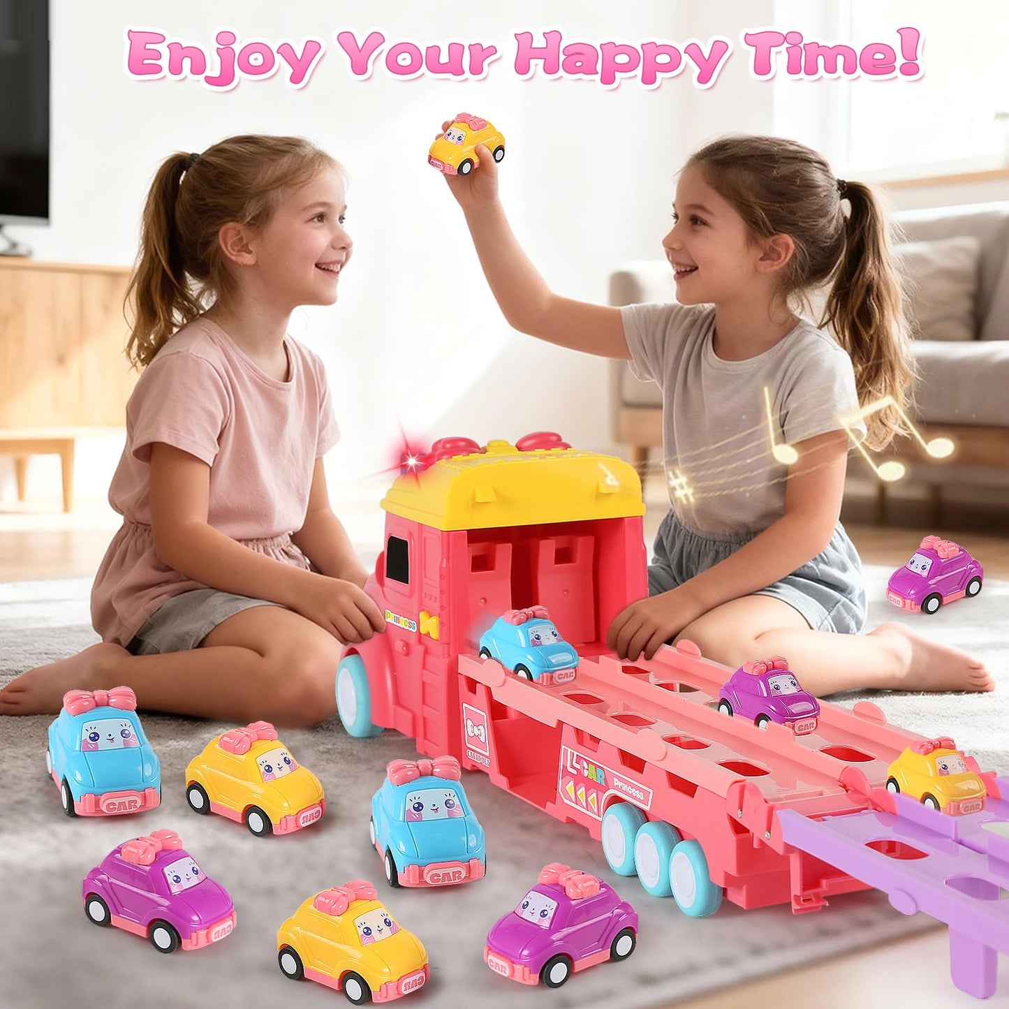 aruemp 12 in 1 Princess Carrier Truck with Girls Car Toys, 2-Player Race Mode Friction Power Toy Cars with Light & Music for 3 Year Old Girls Birthday Gifts