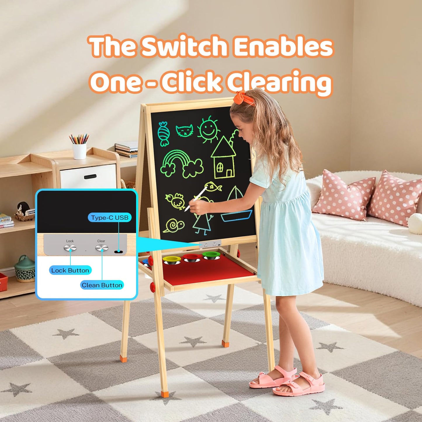 JOYOOSS LCD Easel for Kids Ages 4-8 Easels for Toddlers Art Kids Easel Ages 8-12 Light Up Wooden Drawing Easels Magnetic White Board with Paper Roll for Kid LCD Dry Erase Board