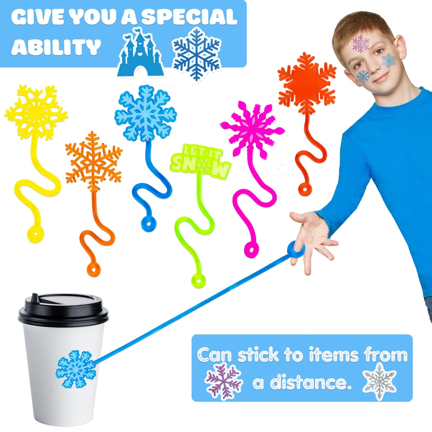48PCS Snowflake Party Favors - 24PCS Temporary Tattoos & 24PCS Stick Hands Party Favors - Perfect Birthday Favors, Goodie Bag Stuffers, Treasure Box Toys, Classroom Prizes, and Student Gifts