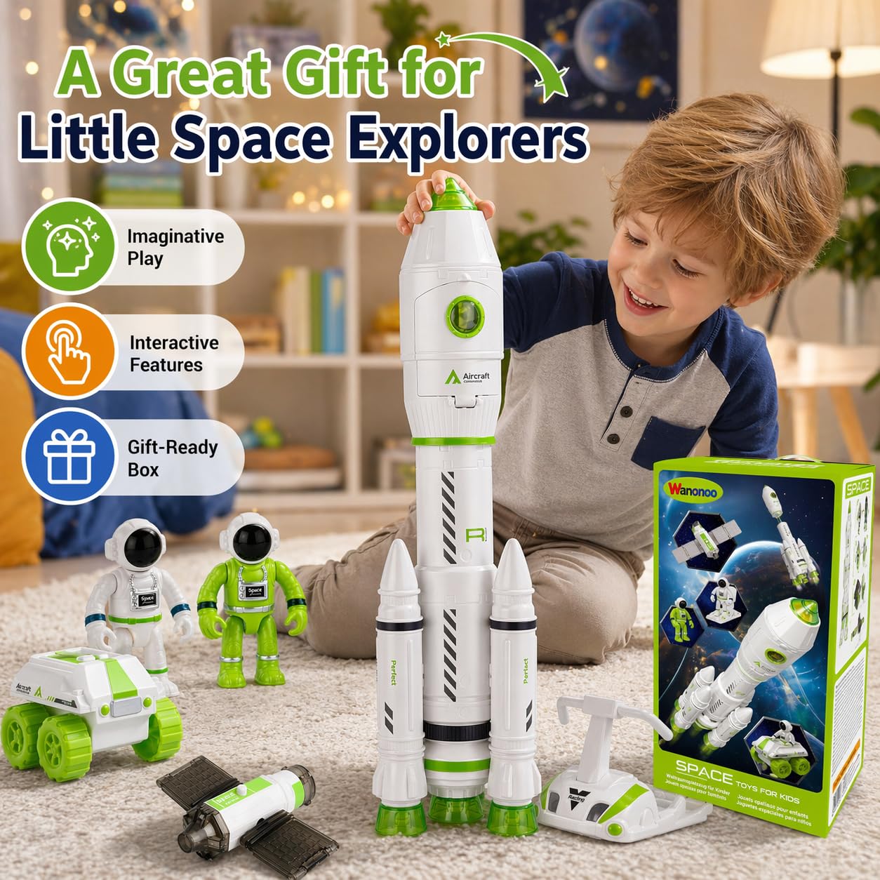 Wanonoo Rocket Space Toys for Kids 3-5 5-7 with Lights & Sound, Educational Astronaut Toys for 3 4 5 6 7 8 Year Old Boy Birthday Gift, Interactive Toddler Boys Toys 4-6 3-4 Science Outer Party Favors