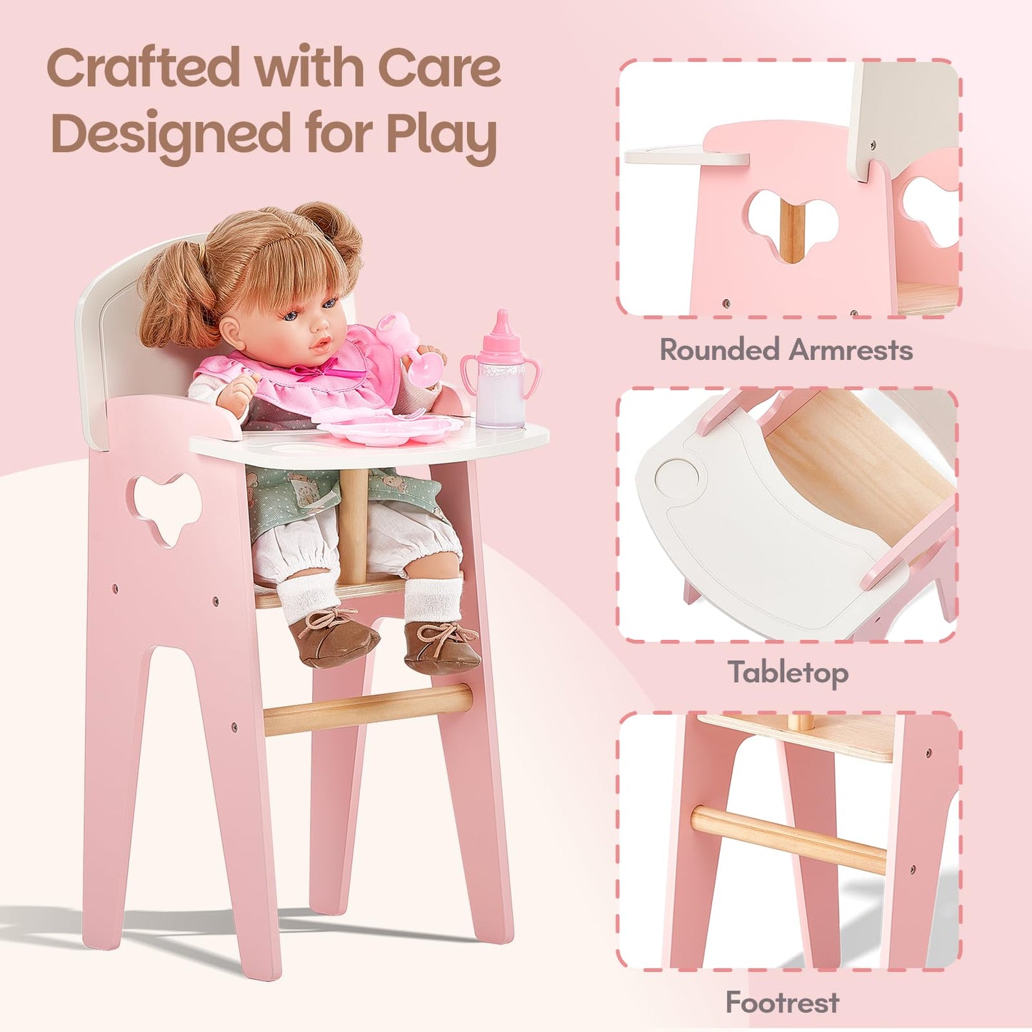 Giant bean Wooden Baby Doll High Chair with Feeding Set, Pretend Play Feeding Seat for Dolls, Includes Bib, Utensils, Bottles & Plate, Toddler Role Play Furniture for 18 Inch Dolls