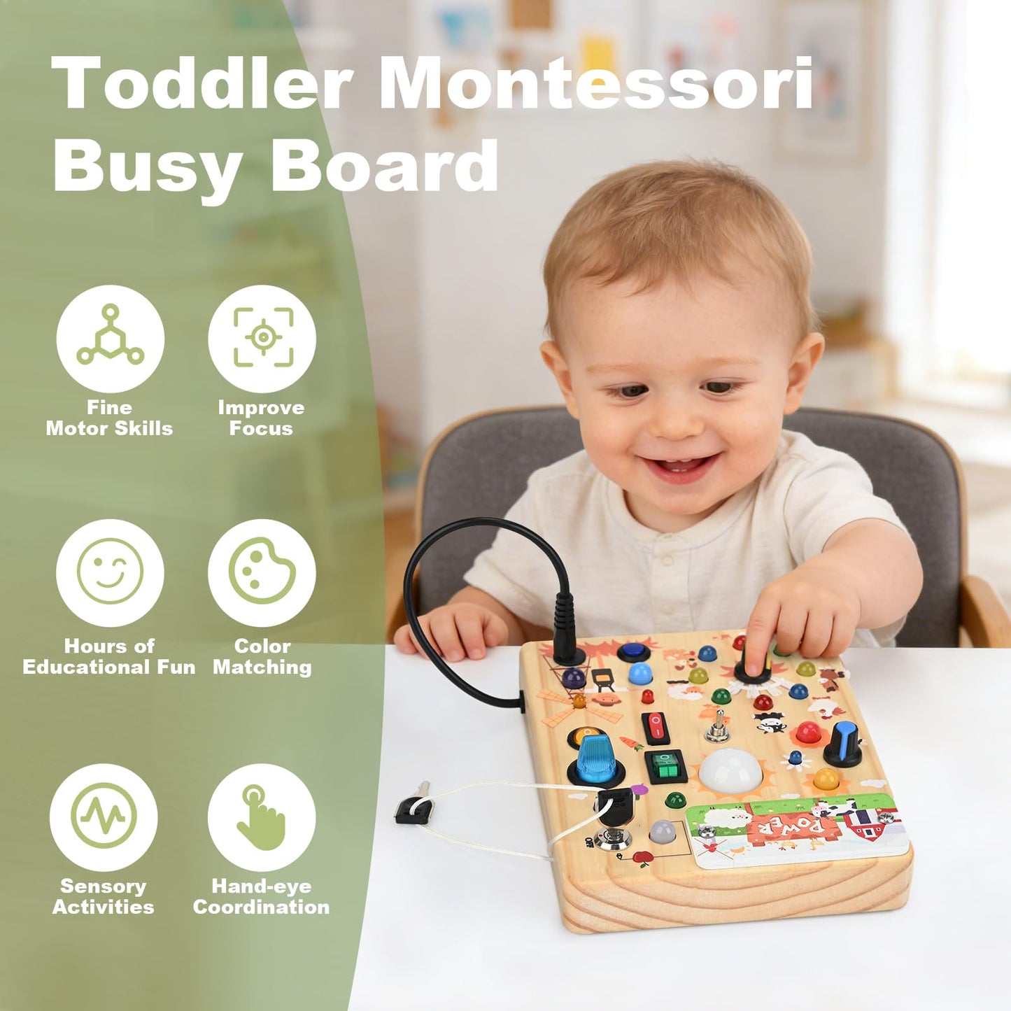 Busy Board for Toddlers 1-3 - Montessori Educational Sensory Toy with 10 Switches & 19 Lights, Activity Board for Fine Motor Skills, Travel Toys for 1+ Year Old Boy & Girl Birthday Gift（Farm Theme）