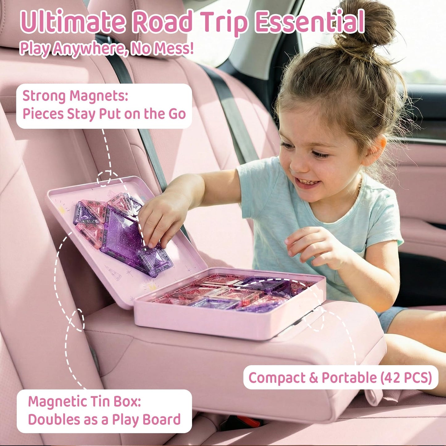 STEM MATCH Magnetic Tiles Girls Travel Toy: 42 PCS Pink Glitter Building Blocks Castle Tin Box - 120 Mins Quiet Play 60s Cleanup - Toddler Kids Gift Age 3 4 5 6