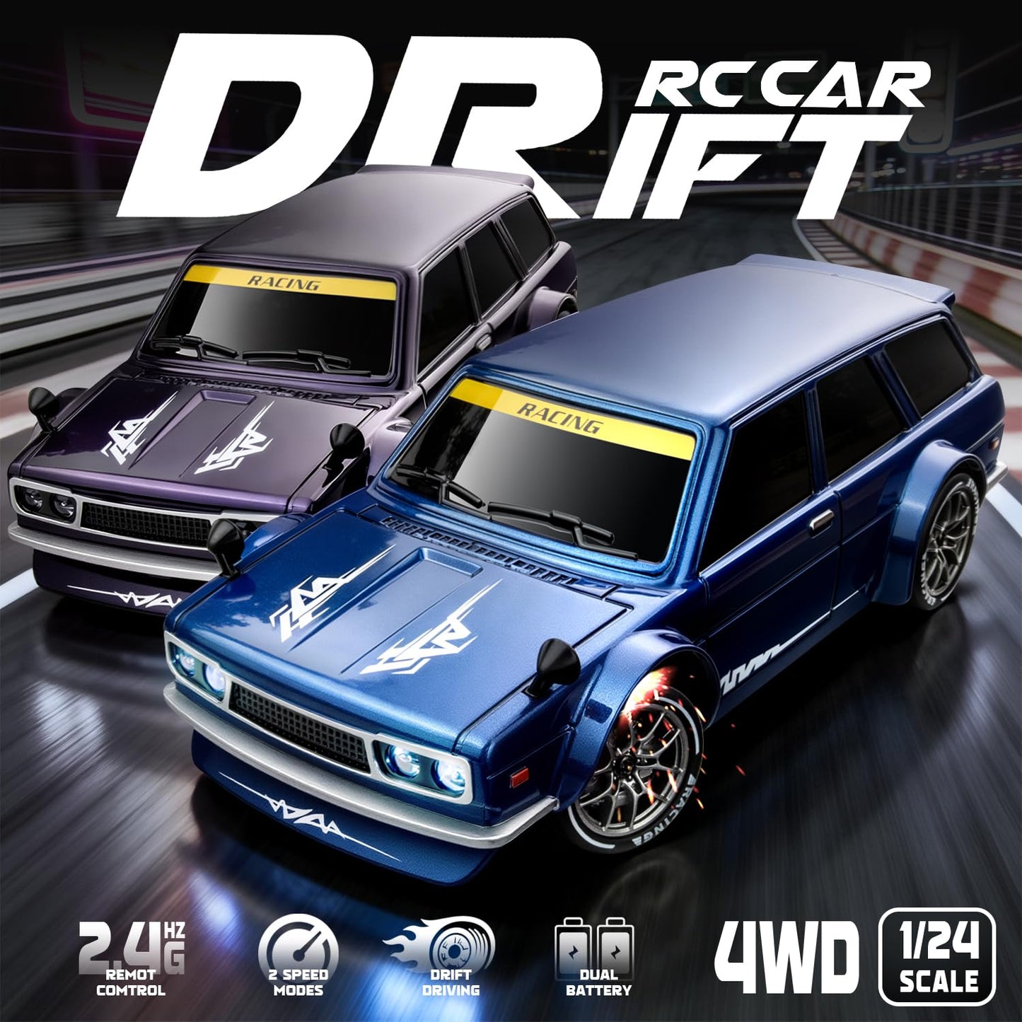 Nowzeth RC Drift Car, 1/24 Remote Control Drift Car for Adults Kids, 20KM/H 4WD Low/High Speed RC Cars with LED Lights, Extra Drifting Tires, Vehicle for Boys Girls Beginners Indoors Outdoors Blue