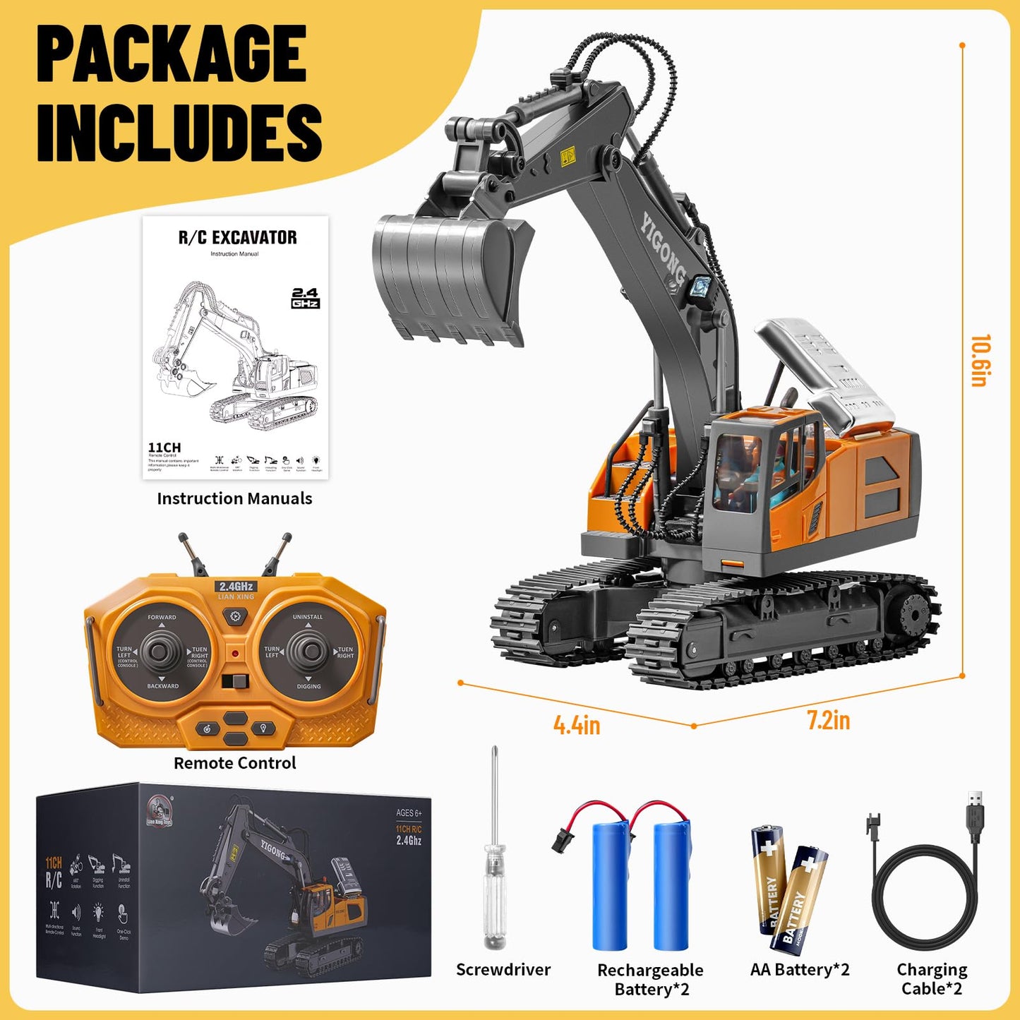 SJYN Remote Control Excavator Toy, 11 Channel RC Construction Digger with Metal Shovel, Lights & Sounds, 2.4GHz Rechargeable All-Terrain Excavator for Kids 3-14, Perfect for Sand, Dirt & Outdoor Play