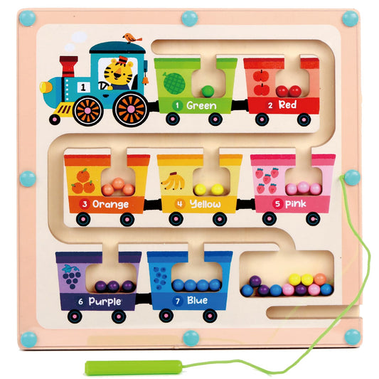 QimuMku Montessori Busy Board for Toddlers 2-4 Magnetic Color & Number Maze Wooden Fruit Train Matching Game Counting Learning Toys for Boys Girls Road Trip Essentials