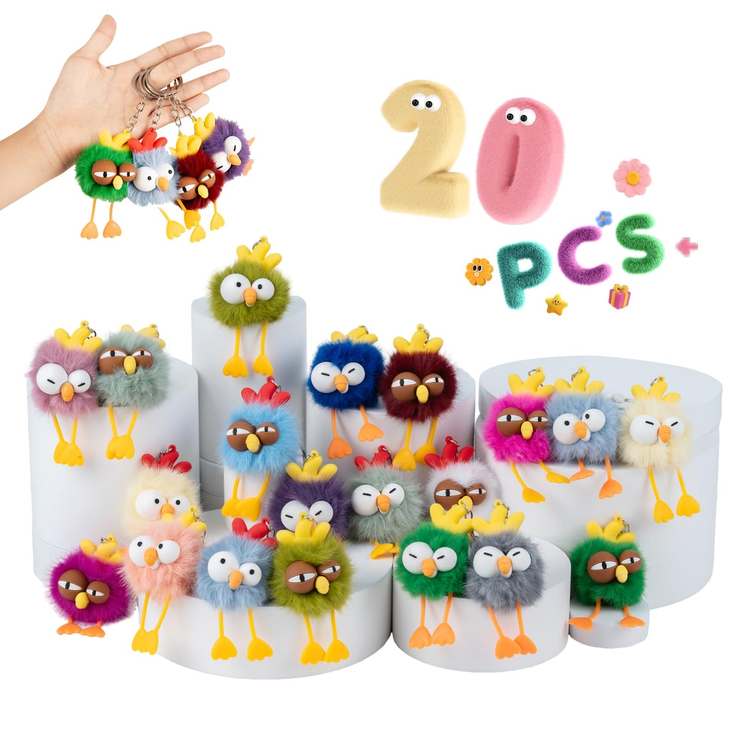OMyFav 20PCS Party Favors Kids Keychains - Cute Chickie Keychain Birthday Goodie Bags Stuffers Chick Plush Keychain Bulk End of Year Student Gifts from Teacher 5th Grade Graduation Gifts