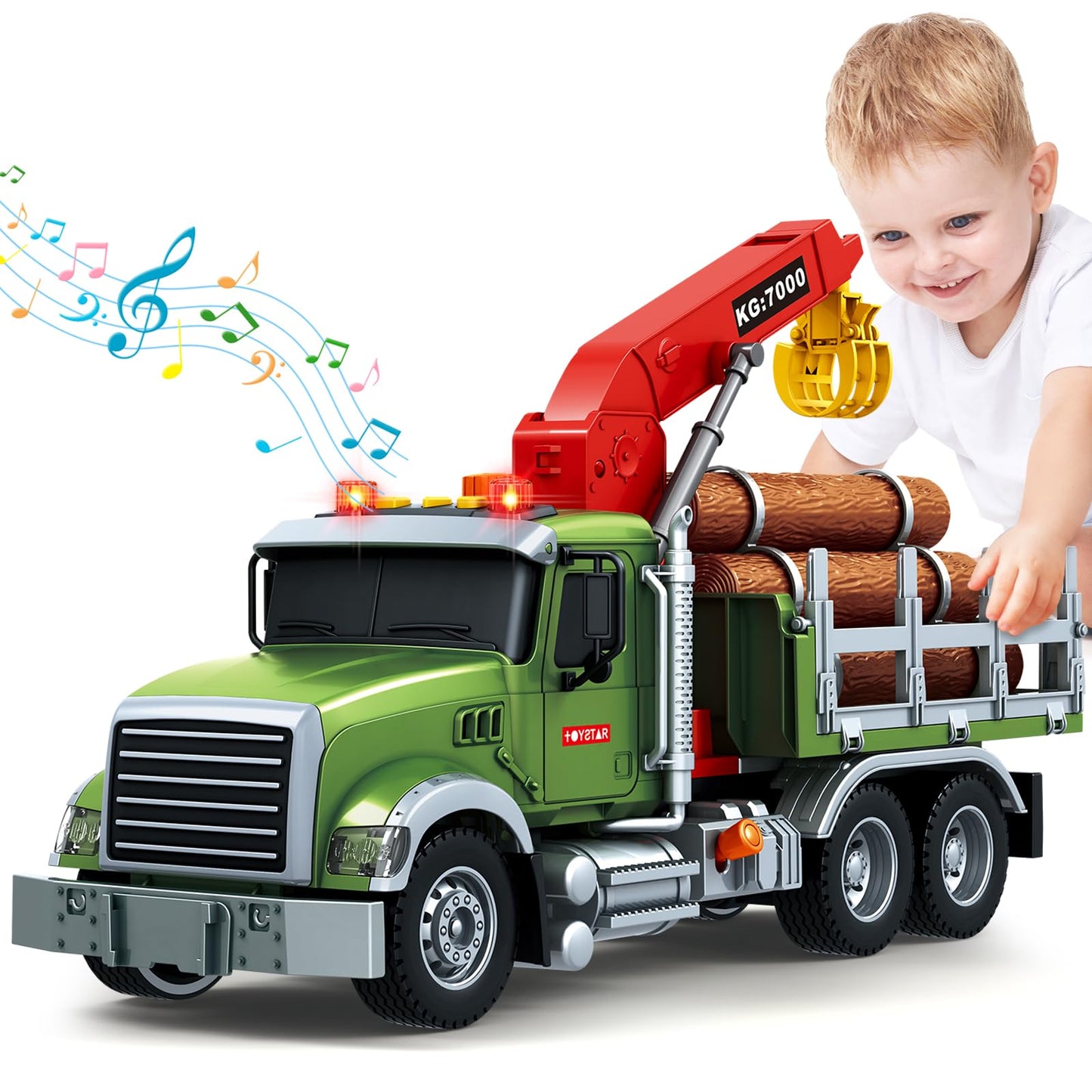 Bstoyder Kids Toys for 3 4 5 6 7 8 Years Old Boys, 15" Farm Logging Truck Toy with Loading Crane and 6 Trunks, Lights, Sounds, Toddler Friction Powered Truck Vehicle Toy for Boys Girls Birthday Gifts