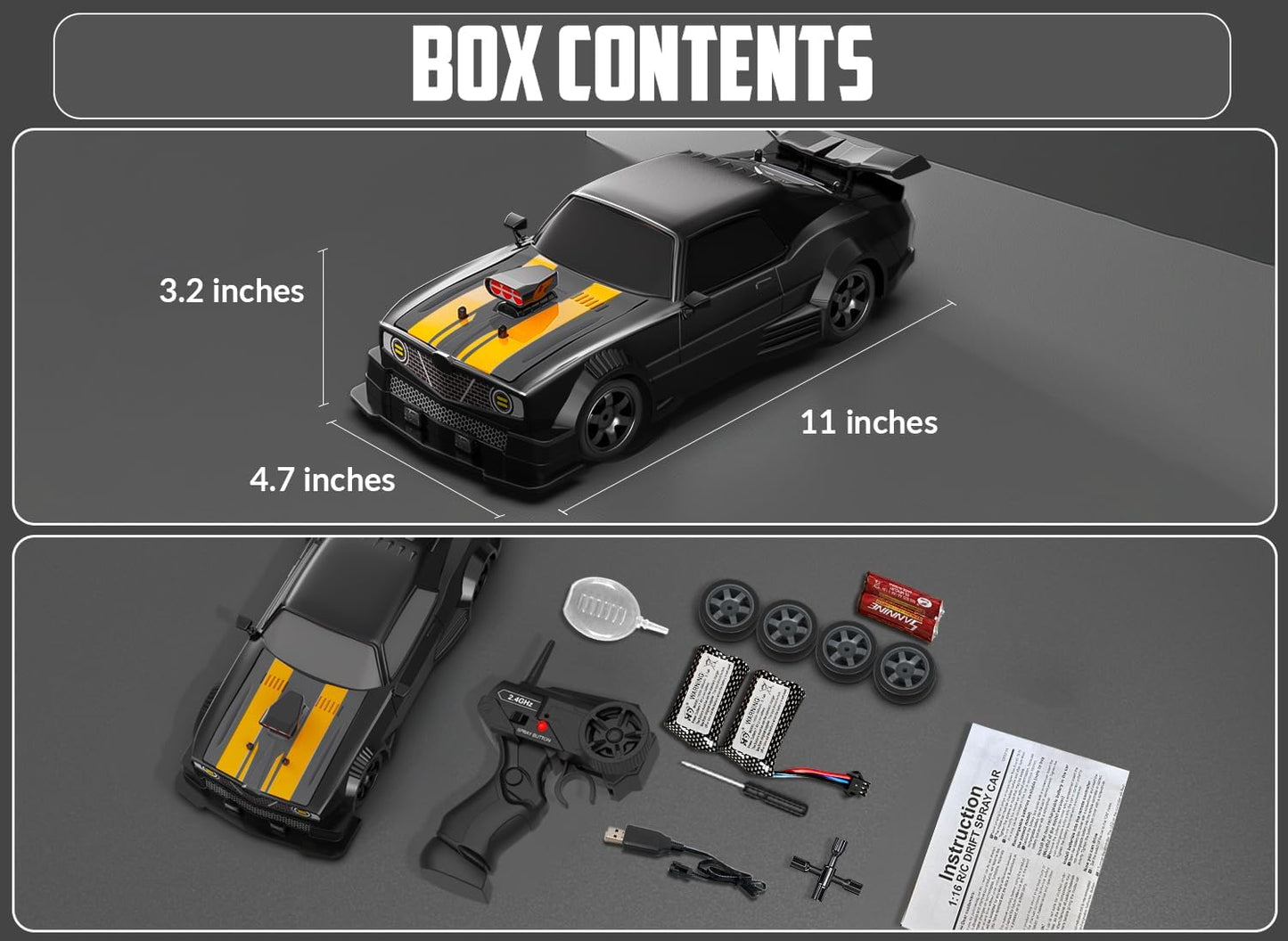 RACENT 1:16 RC Drift Car, 2.4Ghz 4WD 18KM/H Remote Control Car with Spray Mist, Racing and Drifting Wheels, LED Light, 2 Batteries, Sport Model Toys Vehicle for Kids, Boys, Adults