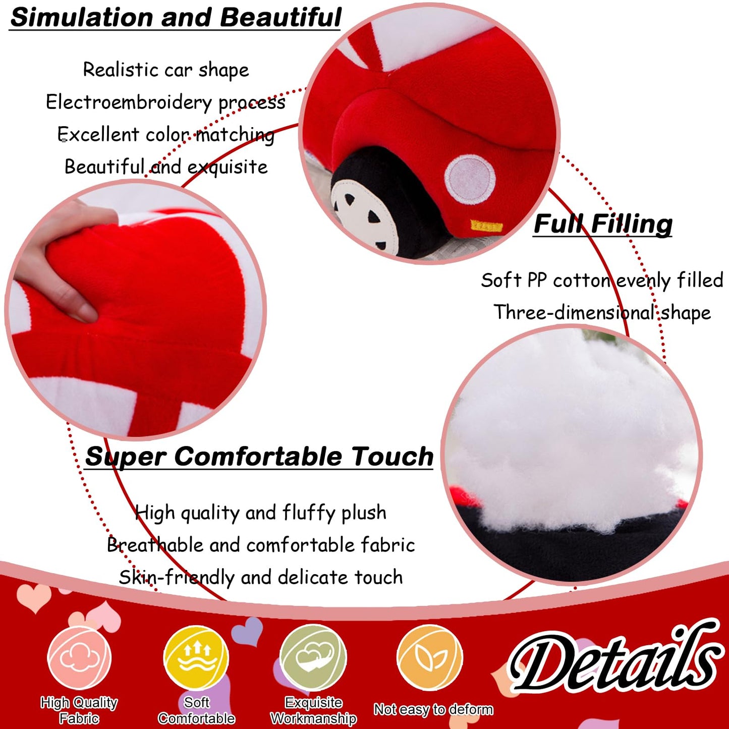 zhidiloveyou Car Plush Red Stuffed Car Shaped Pillow Cute Toy Decor Gifts for Kids, 11.8 inch