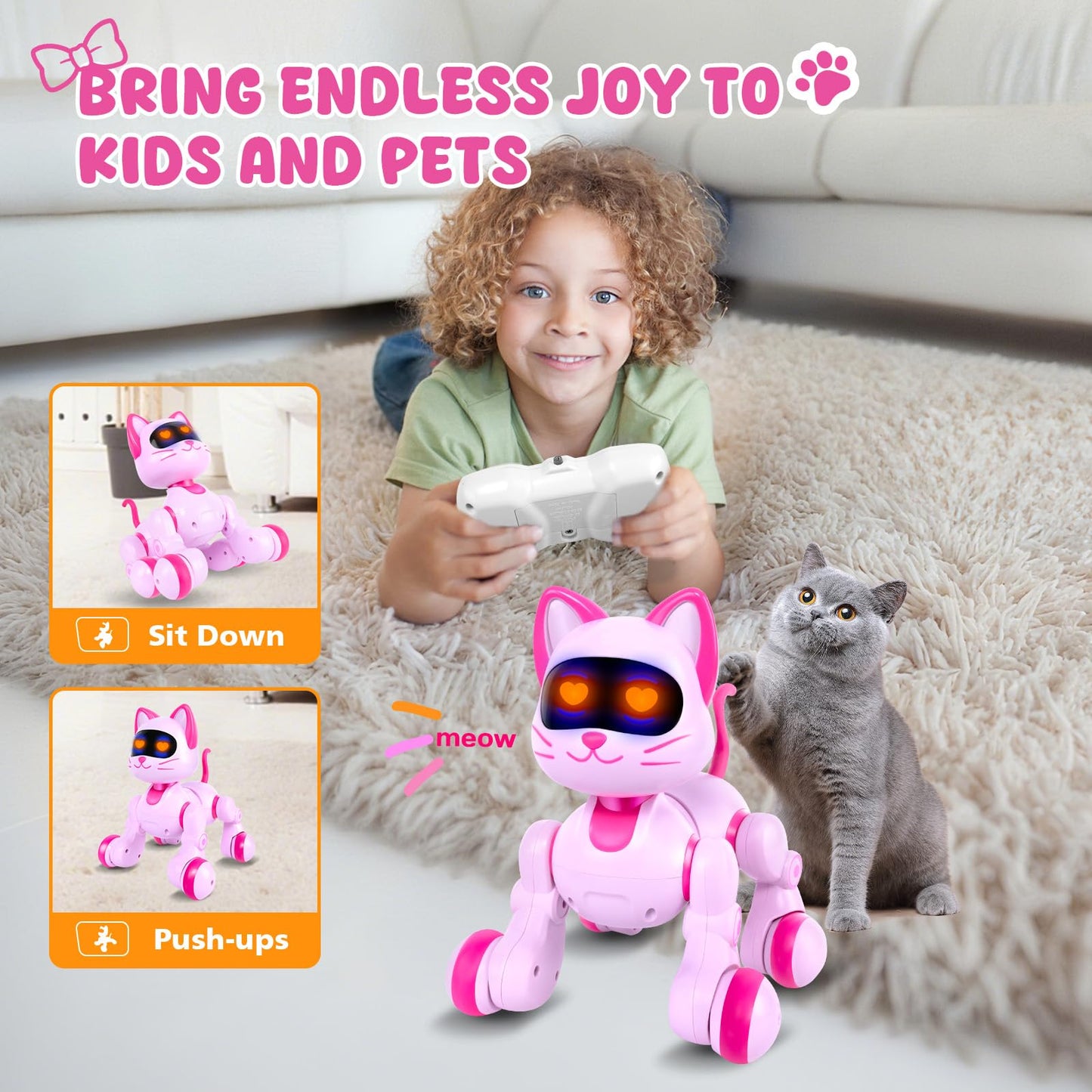 Robot Cat Interactive Toys for Girls: Remote Control Electronic Pink Kitty Pet for Kids Age 3-5 4-6 Gifts for 3 4 5 6 7 8 Year Old Girls RC Toys with Touch Sensing Gestures Birthday Gift Ideas