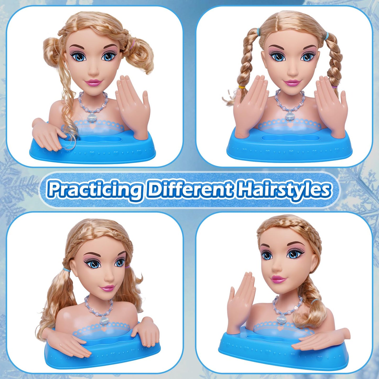 Blonde Hair Styling Doll Head 10.5” with Washable Makeup Set, 3-in-1 Styling Head Toy with 20+ Accessories, Pretend Hair Salon Playset for Girl, Birthday Gifts for Girls Ages 3 4 5 6 7 8+