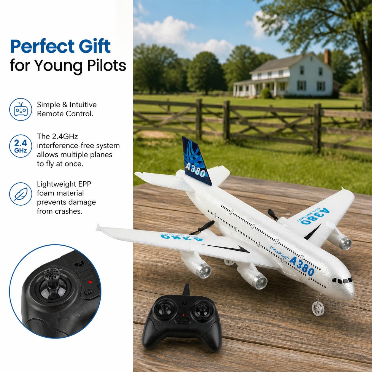 Remote Control RC Airplane Ready to Fly 2.4GHz – Airbus A380 Model, 2-Channel Beginner RC Plane Toy for Kids & Adults with Gyro, Foam Durable & Easy Fly