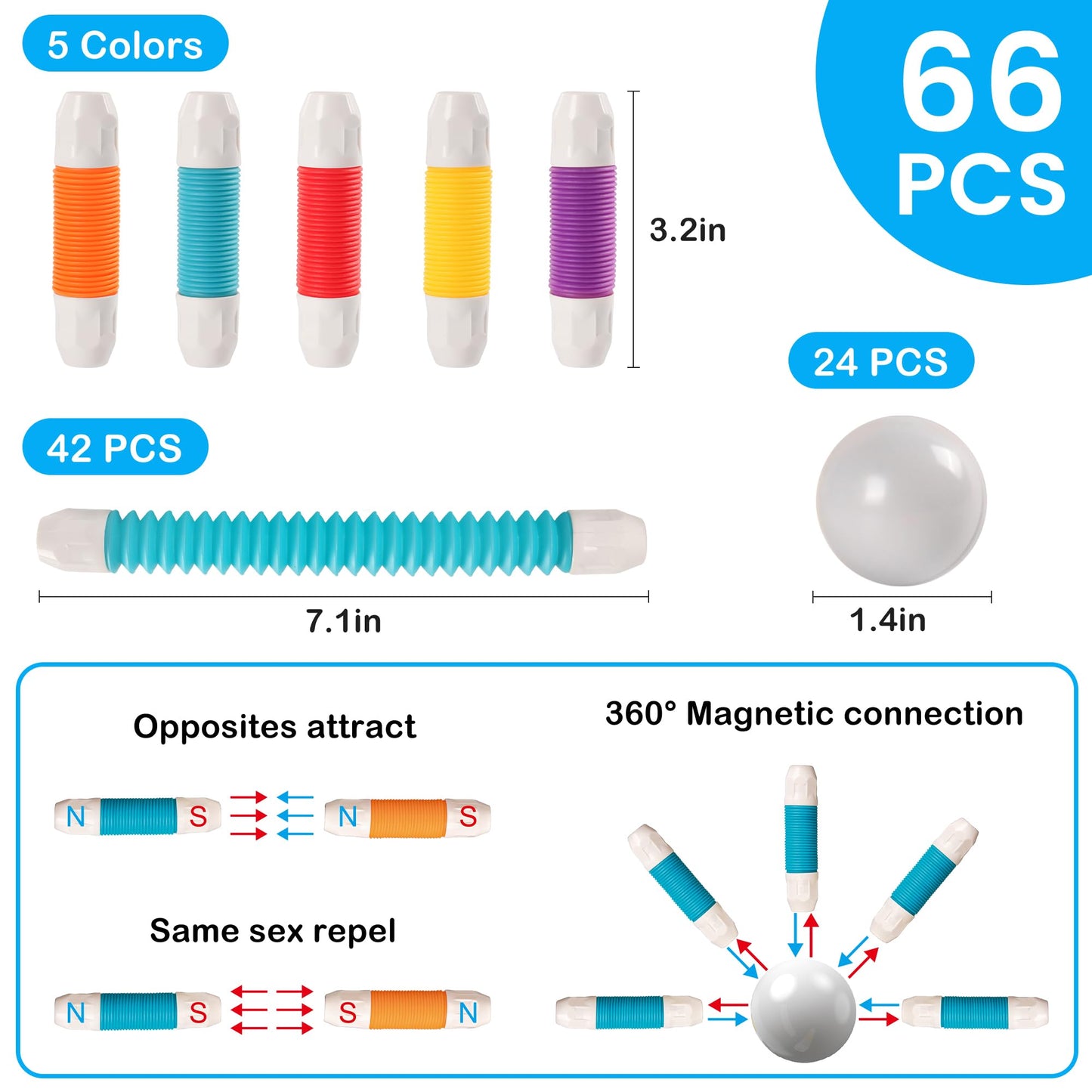 ROUSKY Magnetic Building Blocks Construction Set, 66 Pieces, Educational STEM Toy with Flexible Tubes and Connectors (66PCS)