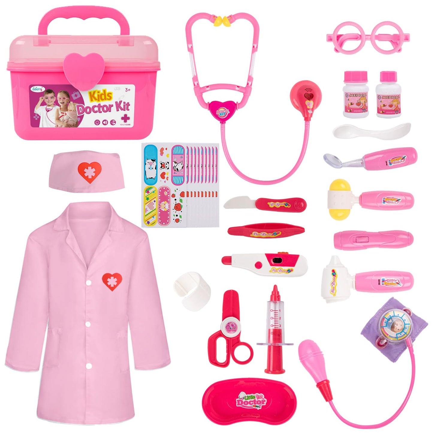 Liberry Doctor Kit for Toddlers 3 4 5 Years Old, Kids Doctor Play Set for Girls Boys Toy, Pretend Play Medical Kit with Stethoscope & Costume for Christmas Birthday Gift Pink