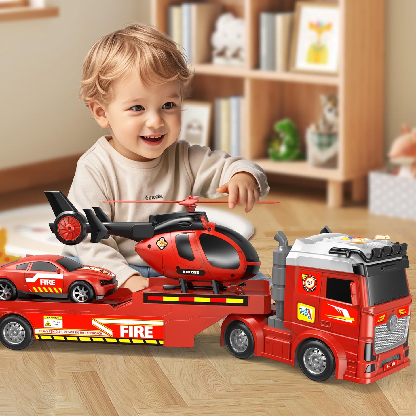 DWIRCTOYS Kids Toys for Ages 3 4 5 6 7 8 Years Old Boys, 25" Large Fire Semi Truck with Helicopter & Race Car, Friction Powered Vehicle with Lights & Sounds,Birthday Gift for Boys Girls