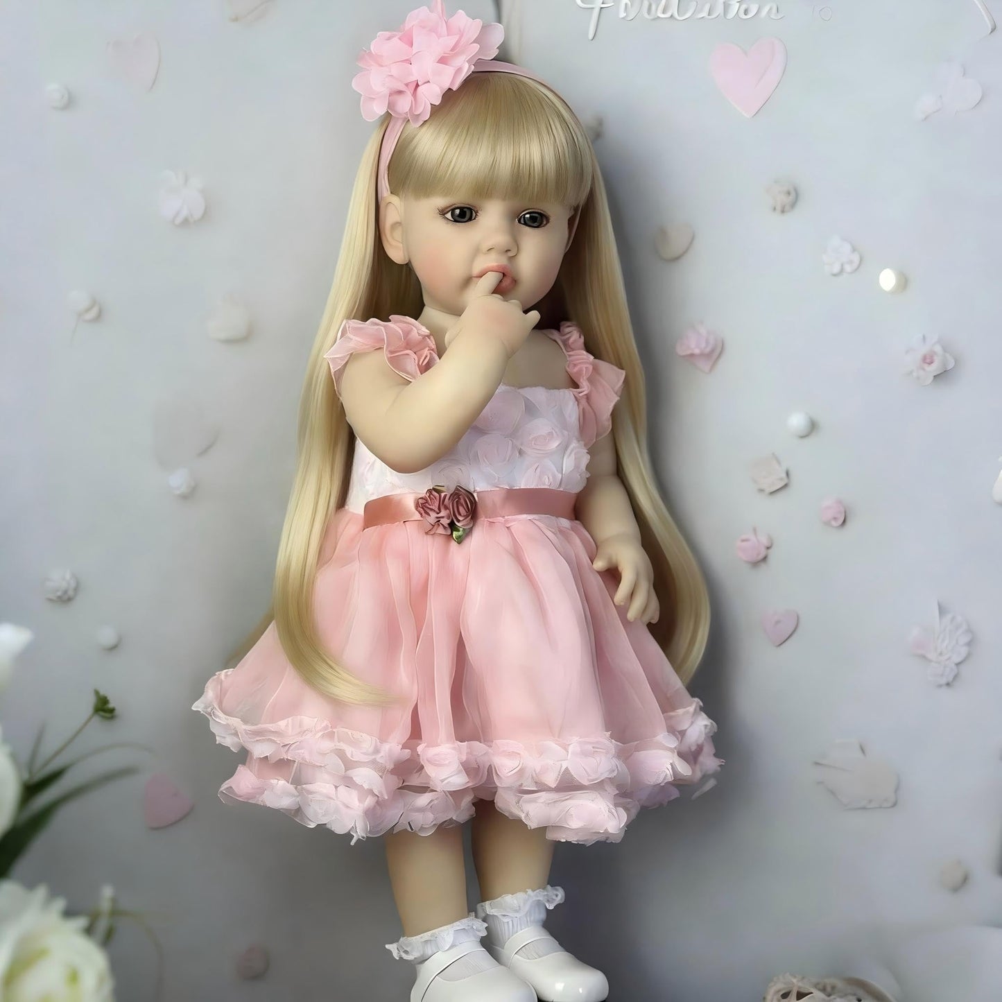 Pinky Lovely 22inch 55cm Reborn Baby Dolls Girl Real Life Full Body Soft Vinyl Newborn Baby Dolls Realistic Look Long Hair Princess Baby Doll Toy for Ages 3+