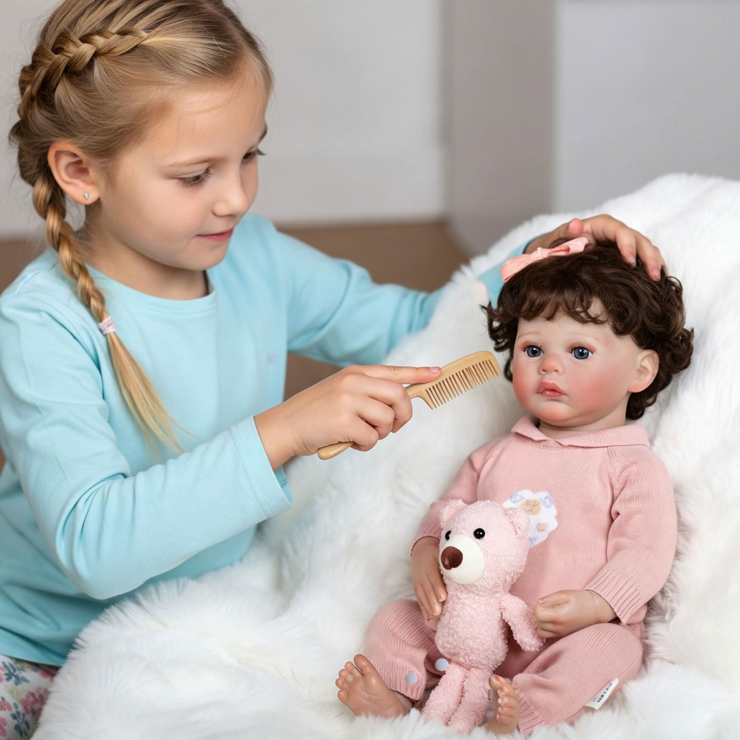 Tookyhill 16 Inch Lifelike Reborn Baby Doll, Full Vinyl Body, Poseable Limbs, Pink Knit Outfit & Plush Bear Toy, Realistic Newborn Doll Gift for Toddler Girls Age 3+ (Pink Bear)