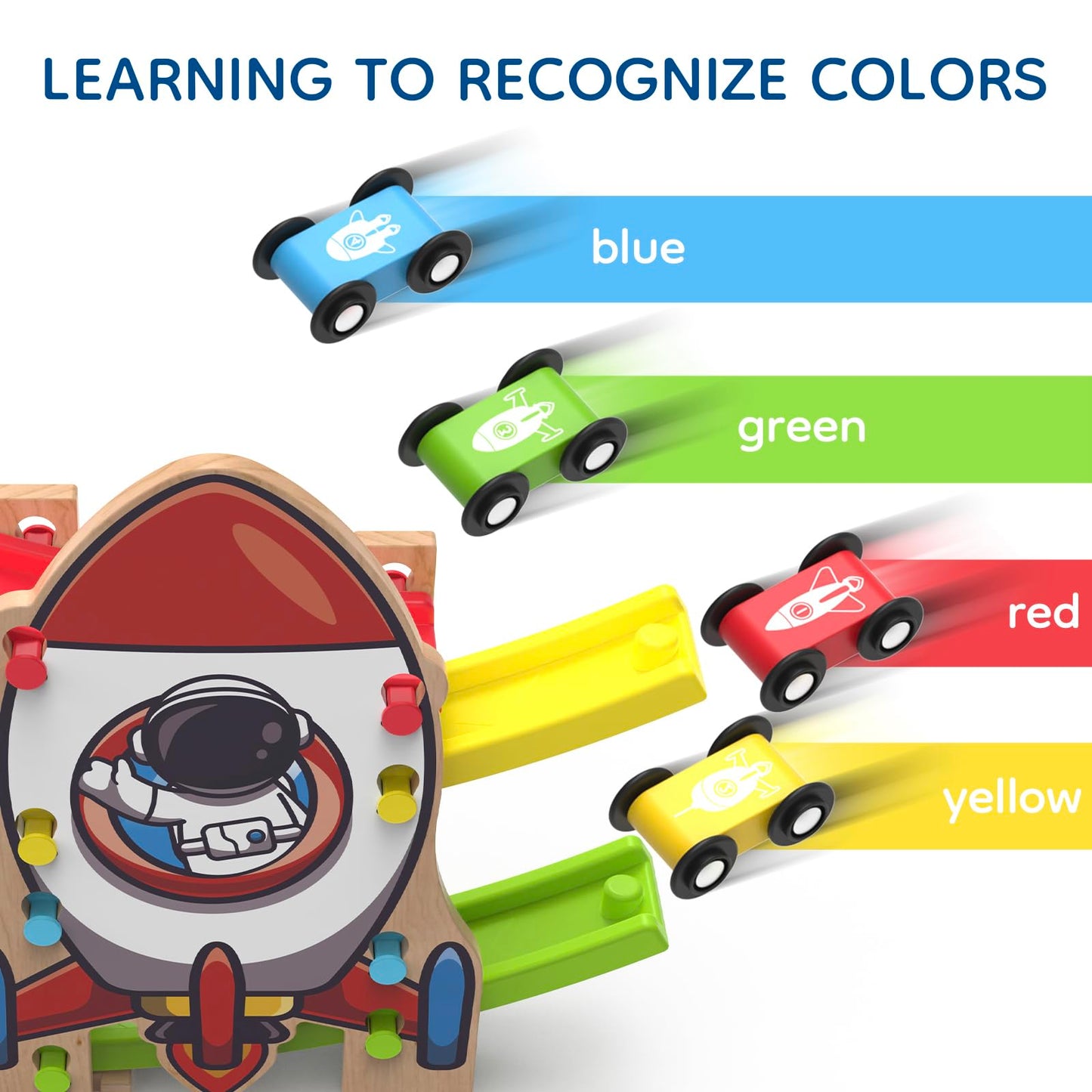 Letoiz Wooden Race Track Car Ramp Racer Toy for Toddlers, Rocket Car Ramp Toy Vehicle Playsets with 4 Mini Cars - Fine Motor Skills Toddler Toys for 2 3 Year Old Boy and Girl Birthday Gifts