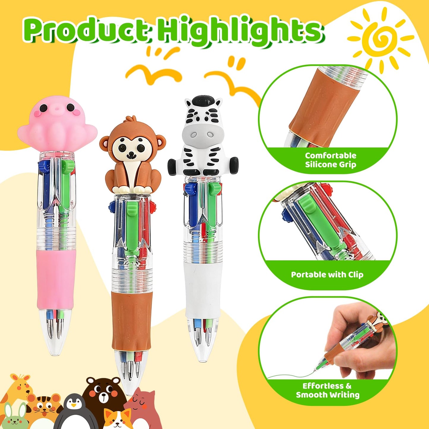 Zhirlyn Animal Party Favors Animal Pens Multicolor Pen in One Cute Fun 4-in-1 Pens Bulk Cool Ballpoint Pens for Birthday Gifts Teacher Supplies (Animal, 48)