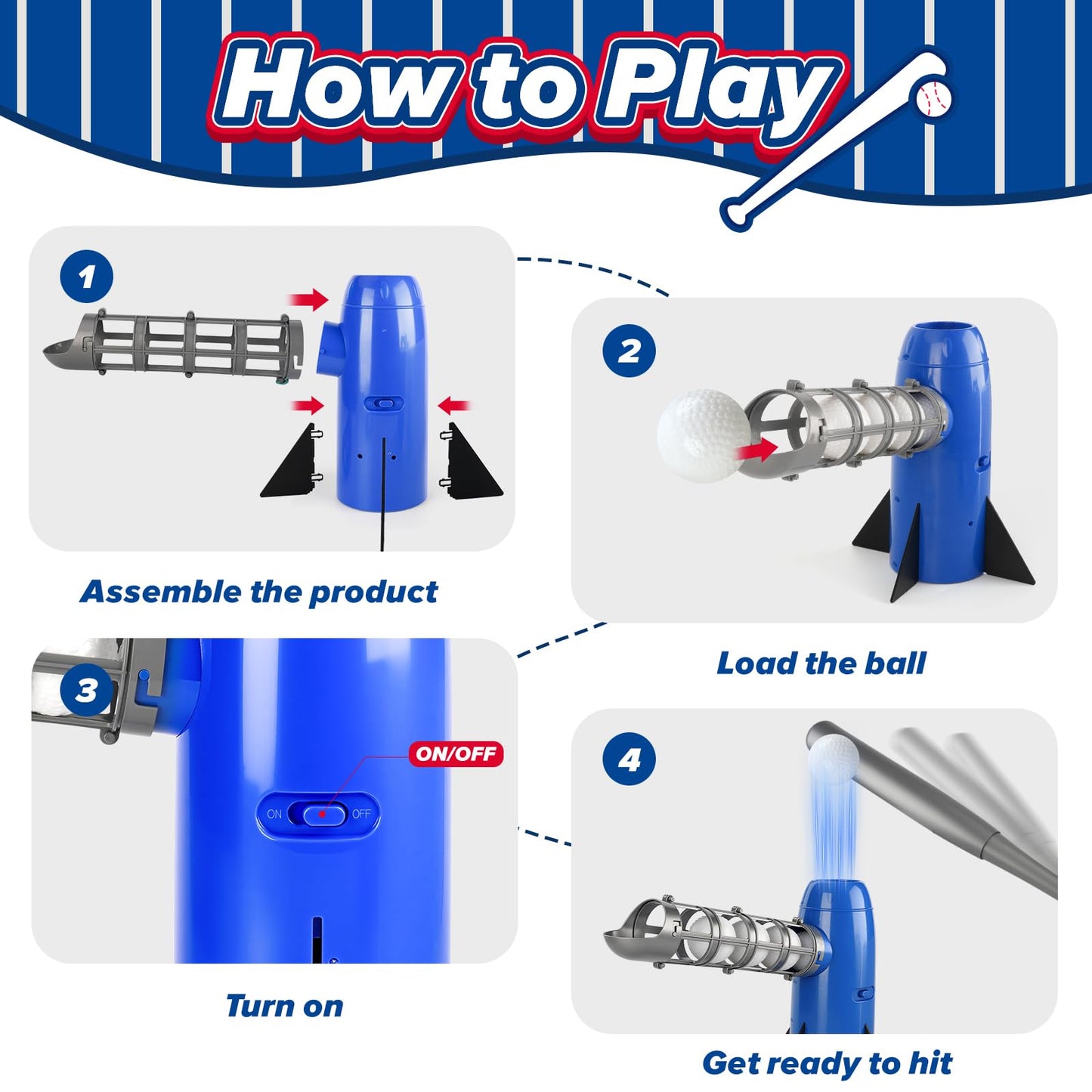 AuntyFey Auto Kids Baseball Pitching Machine, Automatic Baseball Launchers for Kids 6-8, Batting Practice Equipment with 5 Plastic Balls & Bat, Pop Up Tball Trainer, Blue