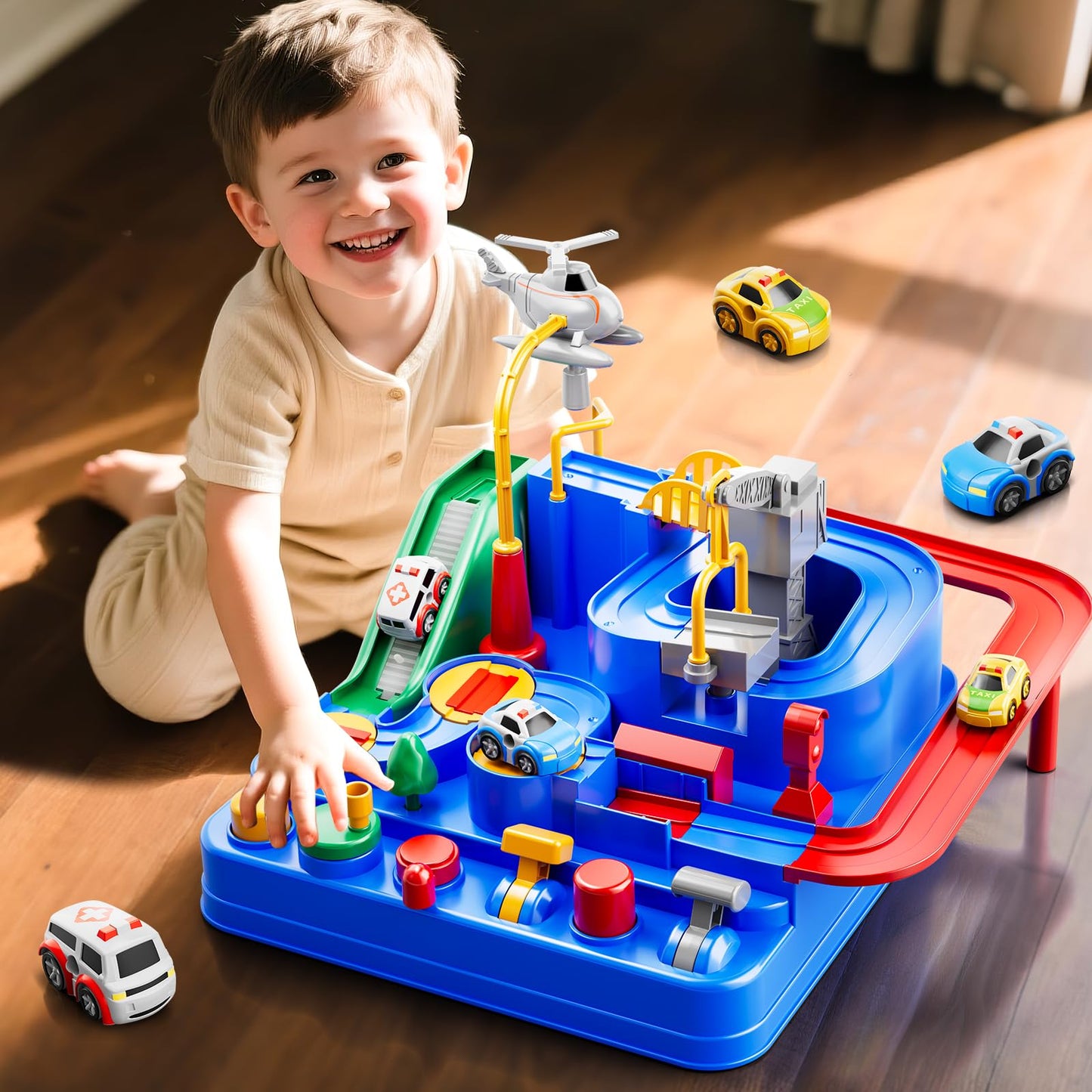 KIZONLY Car Race Track for Kids Ages 3+, Kids Car Toys for 3 Year Old Boys, Race Track for Toddlers 3+, City with 3 Small Cars and Helicopter, Educational Birthday Gifts