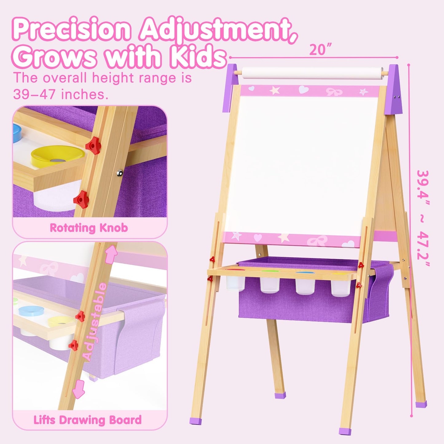 Art Easel for Kids, Adjustable Standing Wooden Toddler Easels, Kids Whiteboard & Blackboard with Paper Roll, Dry Erase Board, Drawing and Painting for Aged 2-4, 5-7, 8-12, Art Supplies Included