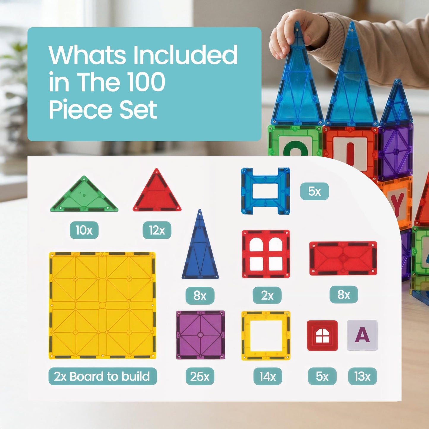 Playmags Magnetic Tiles for Kids 100-Piece Set, STEM Educational Building Blocks Toys for Kids, Includes Click-in ABC Learning Tiles, Gift for Boys & Girls, Add on Magnetic Figures, Car Set Available