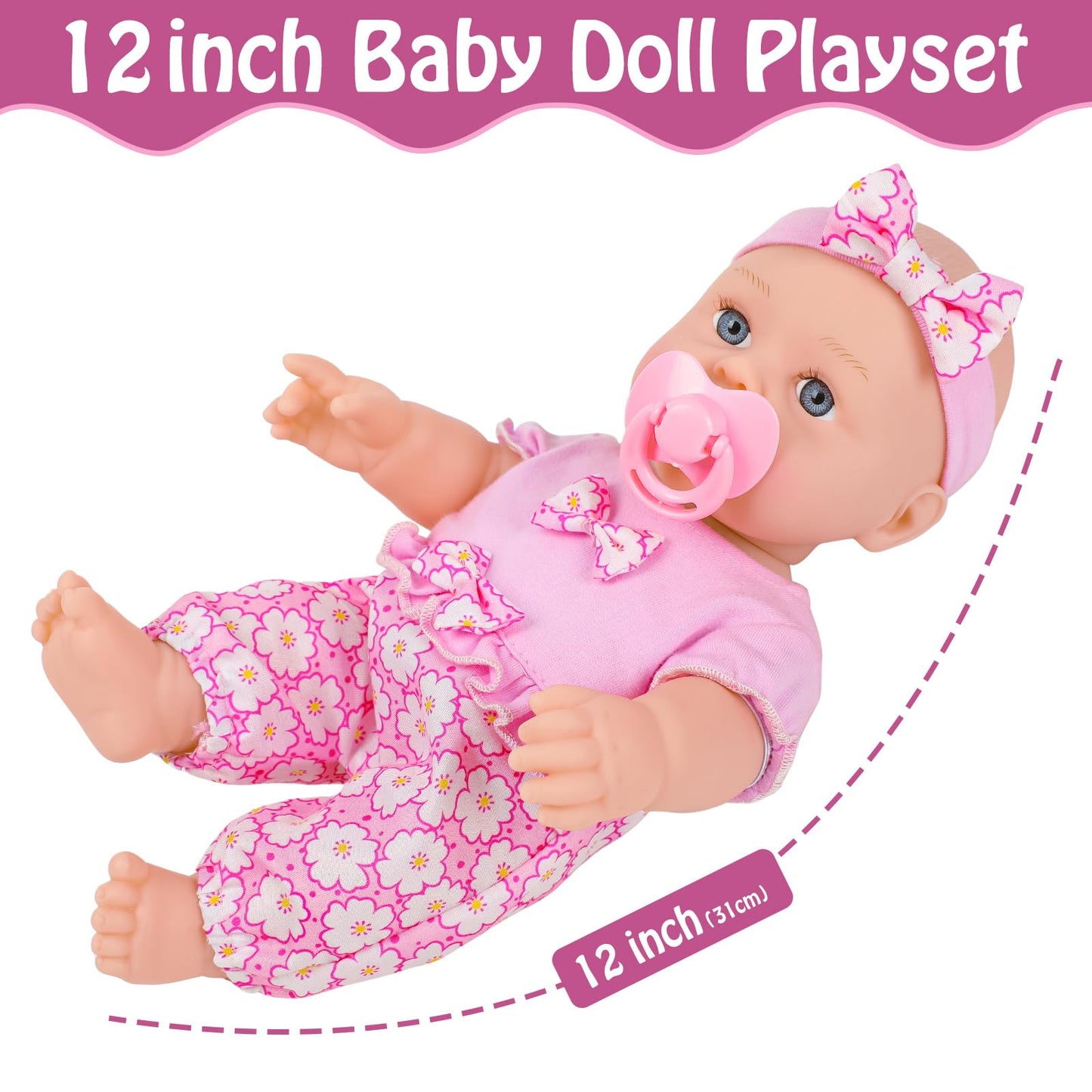 UZIDBTO 12 Inch Baby Dolls with Backpack Carrier Can Store Doll Clothes and Accessories,12" Reborn Baby Doll Set in Gift Box with Feeding Bottle Nipple Diaper for Kids Toddler Age 3+