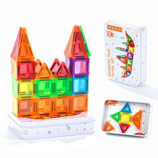 ZNZ Mini Magnetic Tiles 48PCS Travel Toys for Kids, Airplane Travel Activities Magnet Building Toys for Girls Boys 3-8 Road Trip ‌Sensory Toy, Educational Gifts for Toddler 3 4 5 6 Year Old
