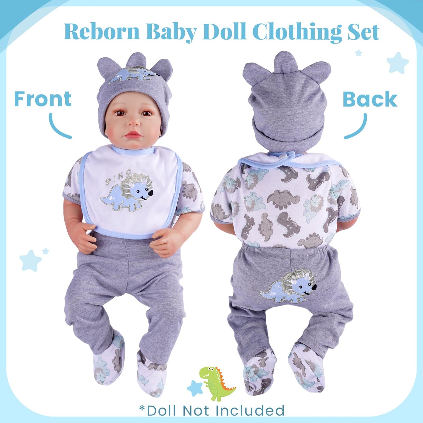 BABESIDE Baby Doll Accessories for 17-22 Inch Dolls – 18 Piecs Dinosaur Reborn Baby Doll Accessories Set with Baby Doll Clothes, Backpack, Feeding Set, Birthday Gift for Boys & Girls,No Doll