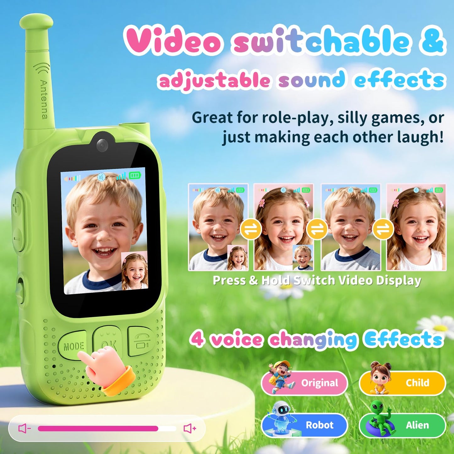 Kids Audio/Video Walkie Talkies, 2 Pack Rechargeable Walkie Talkies for Kids with 2’’ Screen & Camera & Voice Changer, Long Range Boys Girls Toys for Indoor Outdoor Camping Hiking Games (Green/Green)