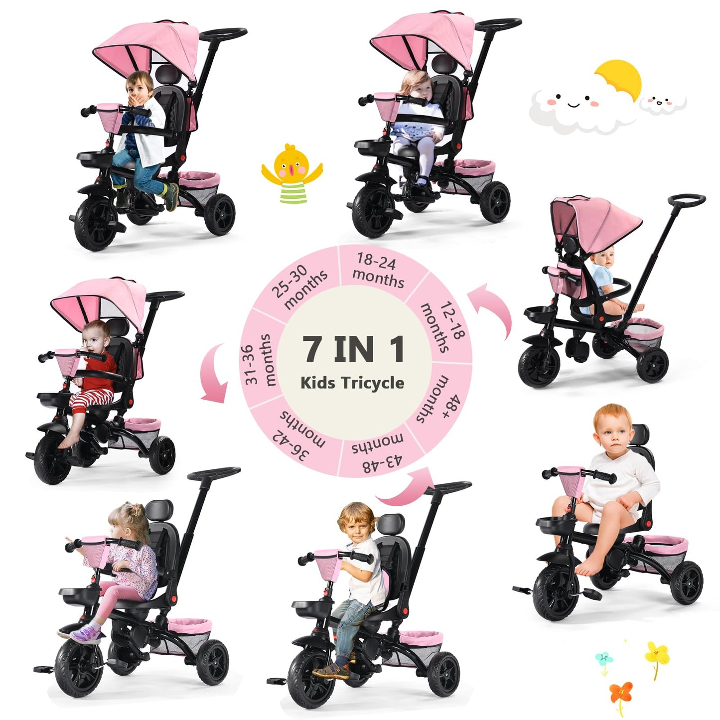 Kinder King Kids Tricycle, 7 in 1 Folding Toddler Trike w/Adjustable Push Handle, Rotatable Seat, Adjustable Canopy, Safety Harness, Storage, Toddler Bike for Age 6 Months+,Pink