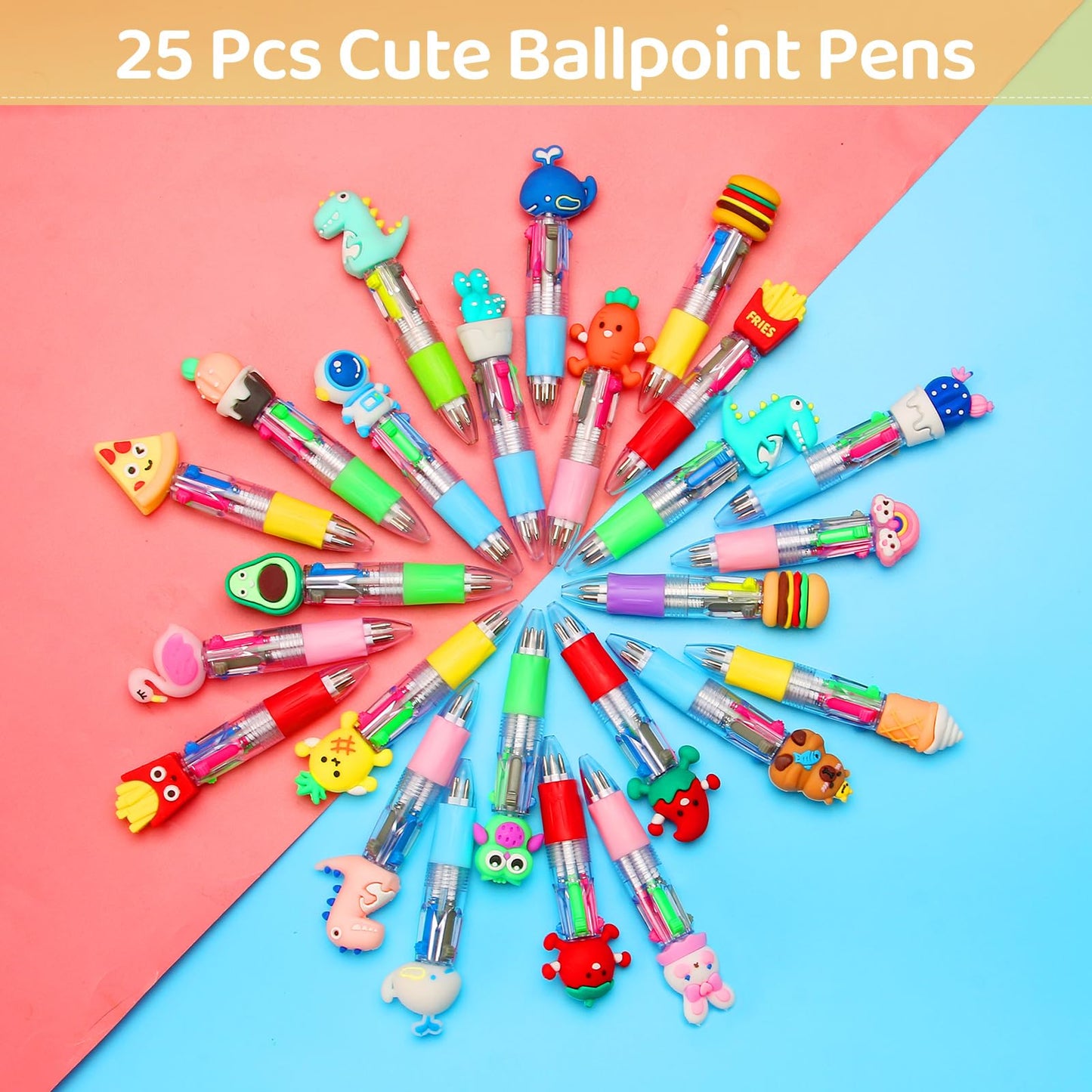 LiYiQ 25 Pcs Multicolor Pen in One Fun 4-in-1 Cute Pens Bulk Kawaii Cool Ballpoint Pens Fun Gifts (25)