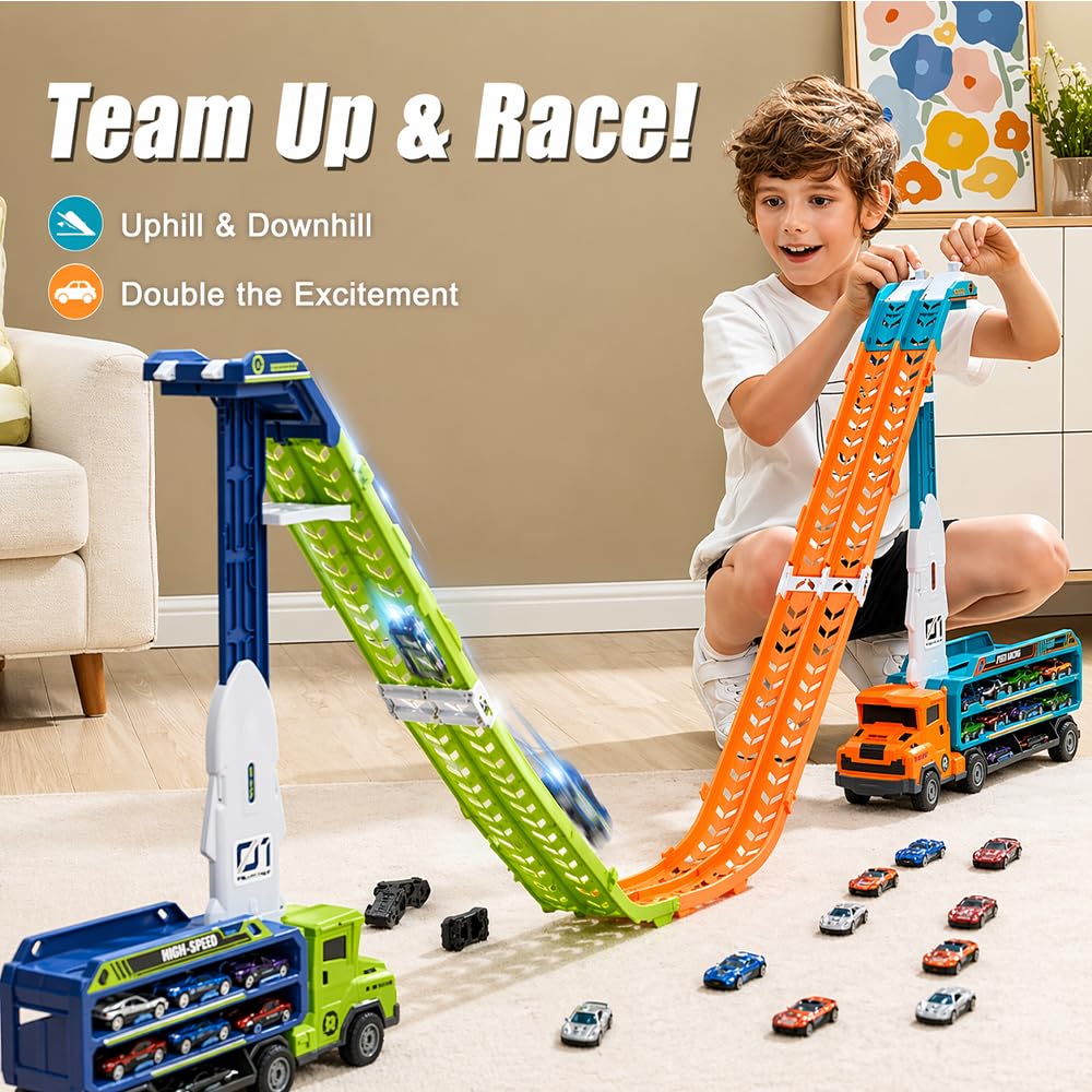 Unimoly Carrier Truck Transport Toy, Foldable 2-Layer Car Race Track Playset with 33" Track & 6 Metal Cars, Birthday Gift for Boys Ages 3-8 (Green)