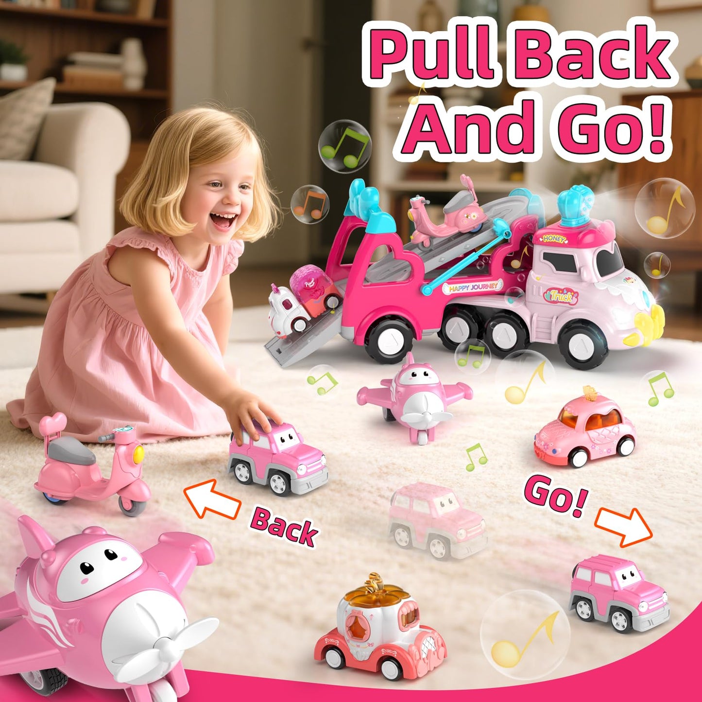 usrela Truck Toys for 2 3 Year Old Girl, 7-in-1 Carrier Truck Car for Toddler Girl, Toys Cars Age 2-3-4 with Light & Music, Birthday Gifts for 2+ 3+ Year Old Girls